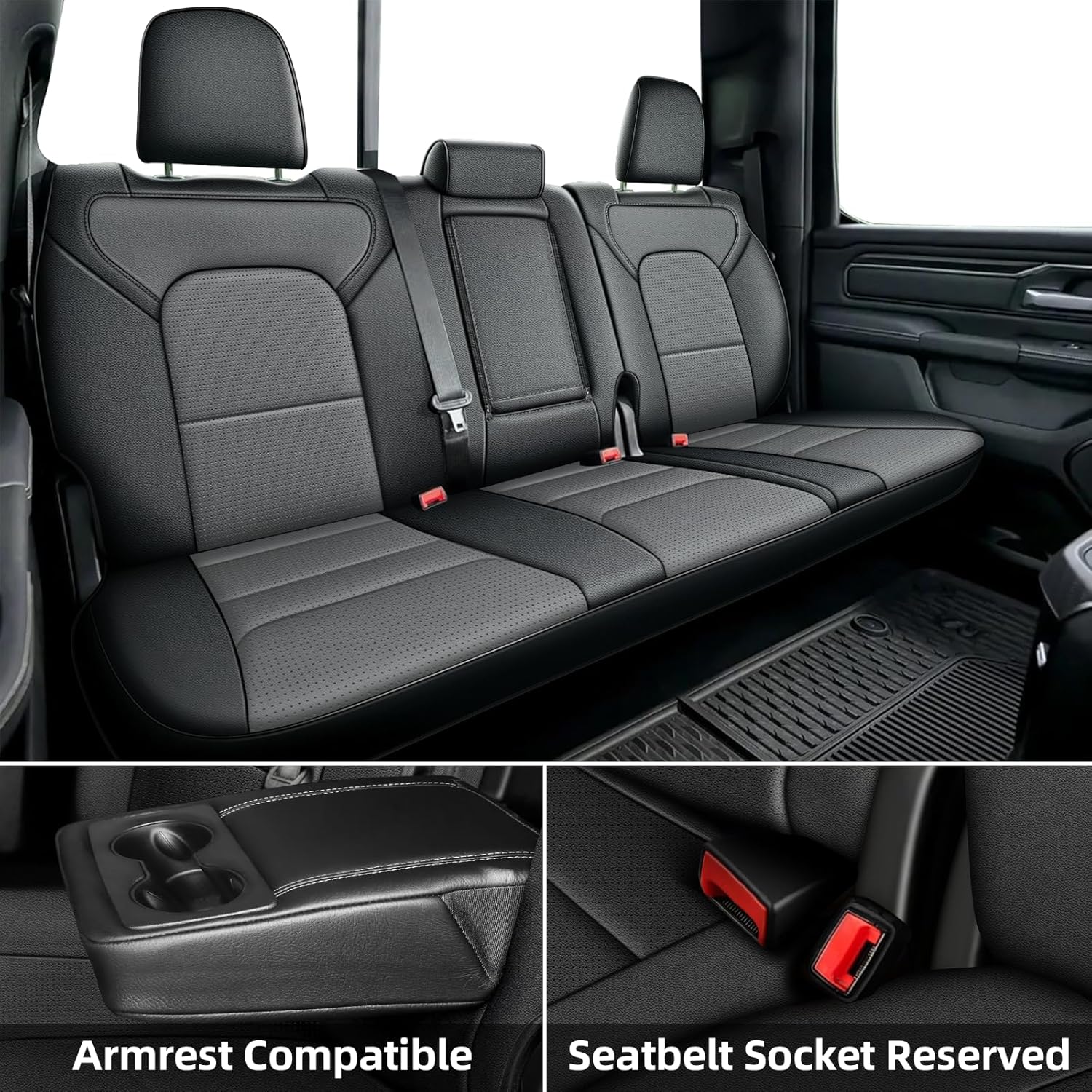 AOMSAZTO Custom Fit Seat Covers for Ram 1500: 2019 2020 2021 2022 2023 2024 2025 Faux Leather Car Seat Covers Full Set Black+Gray