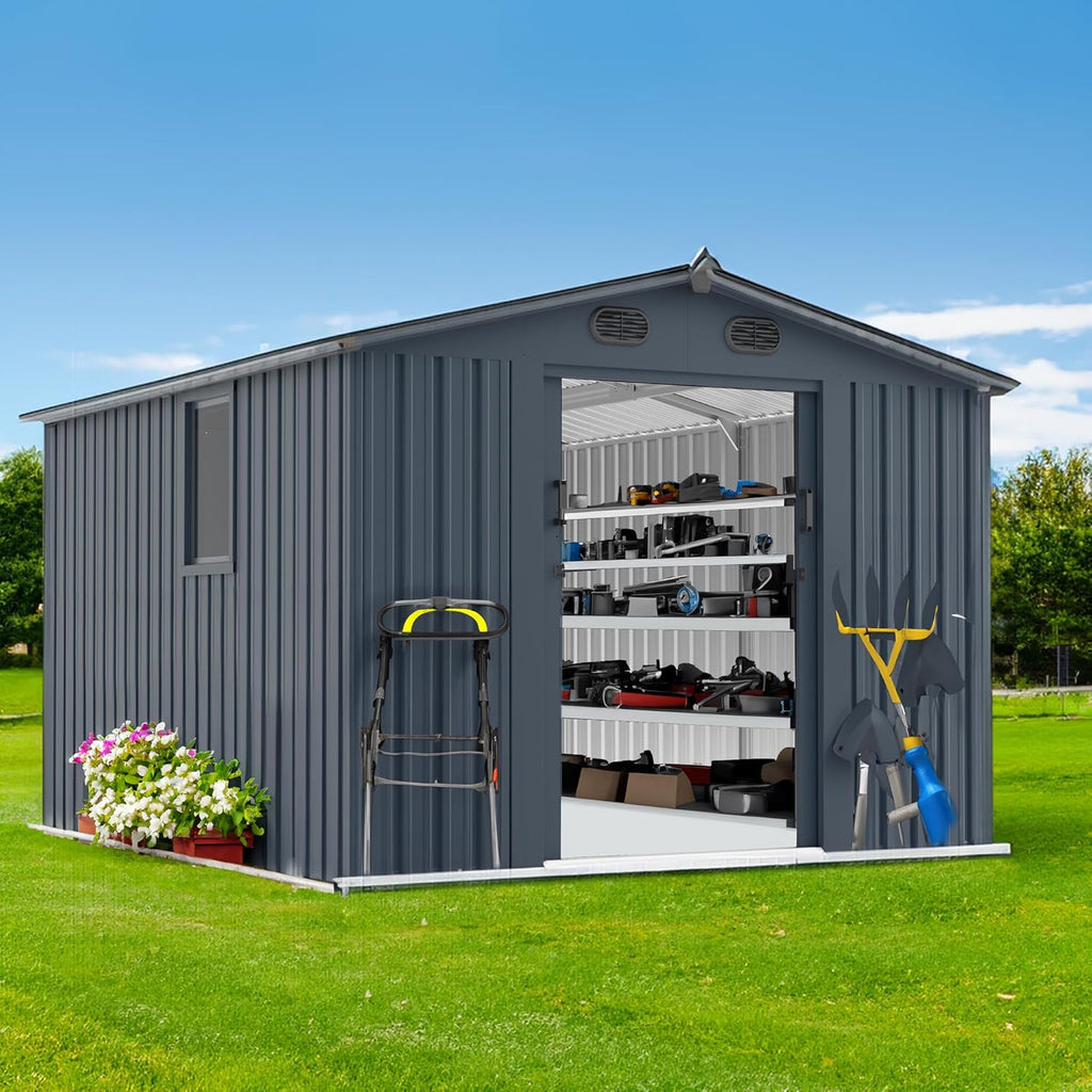 Outdoor Storage Shed 8x10 FT with Window - Metal Sheds & Outdoor Storage for Motorcycle, Bike, Garden Tool, Lawnmower - Backyard Tool Building with 1 Sliding Door and 4 Vents (Without Floor)