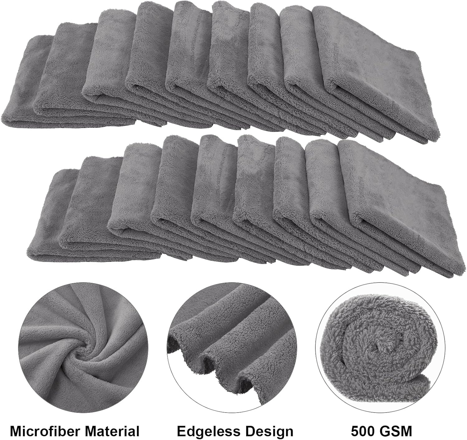 Shimeyao 30 Pcs Edgeless Microfiber Plush Towels for Cars Detailing Drying Wash Polishing Absorbent Cleaning Cloths, 500 GSM, 16 x 16 Inch(Gray)