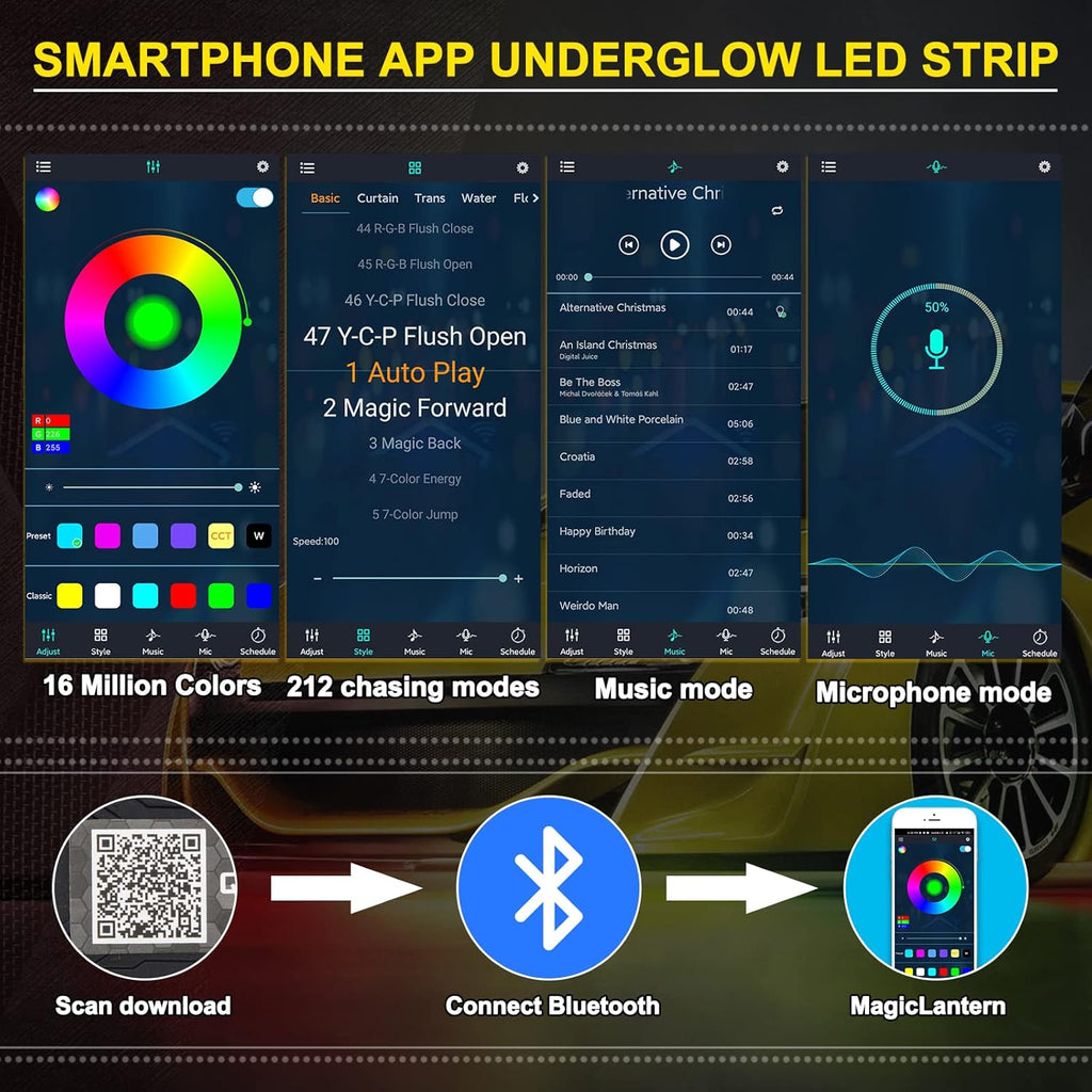 OPP ULITE Car Underglow Light Strip Dream Chasing Color, Upgraded Silicone Material, 212 Modes, 360pcs Led, APP Control Underbody Lights, 90x120x90, 6PC Pack