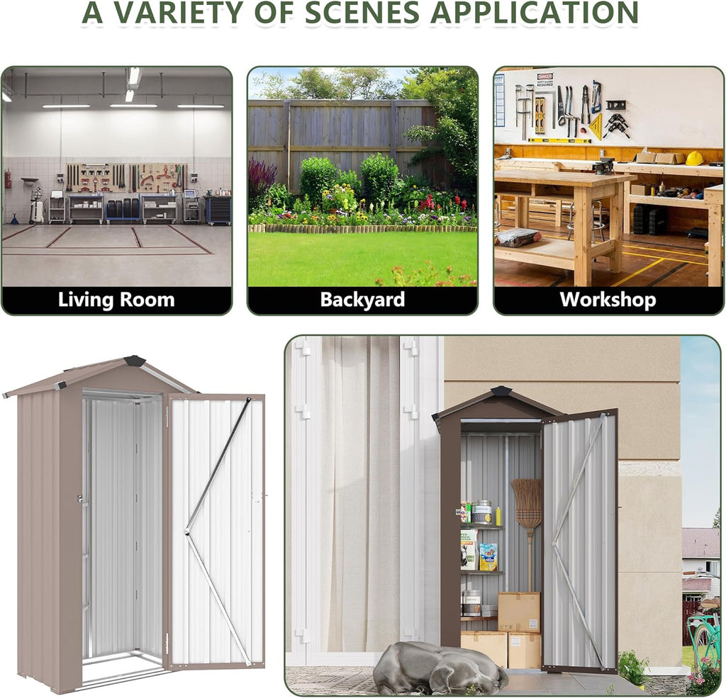 2.5x1.4 FT Outdoor Storage Shed, Small Metal Garden Shed with Adjustable Shelves, Mini Outside Tool Sheds with Lockable Hinged Door, Waterproof Outdoor Storage Cabinet for Backyard, Patio, Lawn, Brown