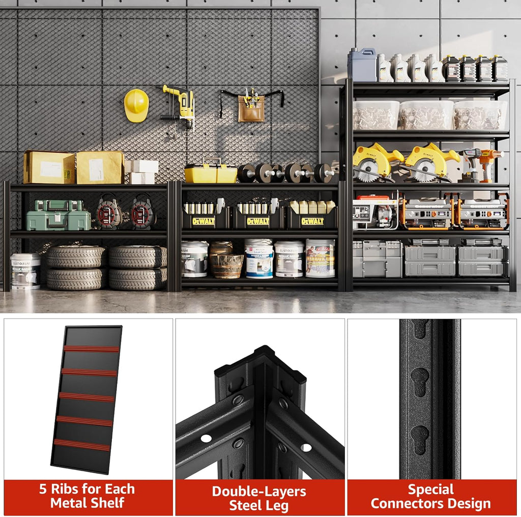 84" H x 47.24" W 5 Tier Metal Garage Shelves, 3000 LBS Adjustable Storage Shelving Unit for Warehouse, Basement, Kitchen, Store Display, Flower Stand, Office, Classroom, 24" D, Black