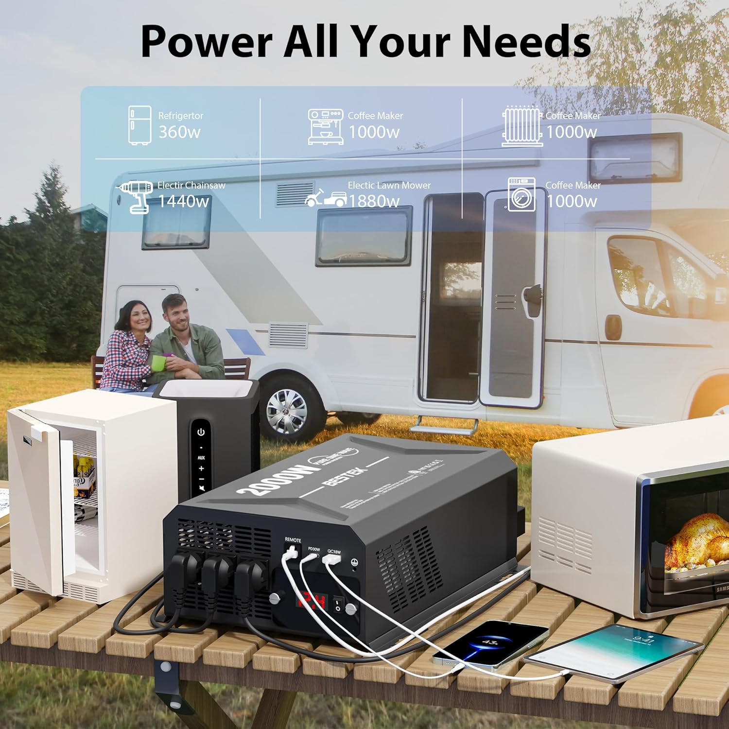 2000 Watt Pure Sine Wave Power Inverter, 12V DC to 110/120V AC Inverter with 3 AC Outlets, Remote, PD 3.0 USB Port, QC 18W, Remote Controller, LED Display,For RV Solar Systems,Semi Truck,Vehicles,Boat