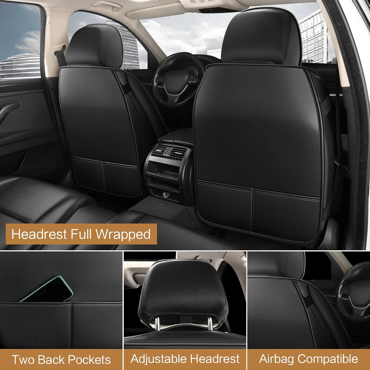 Pariitadin Leather Car Seat Covers Front Pair, Waterproof Faux Leather Seat Covers for Cars, Non-Slip Car Interior Covers Universal Fit for Most Cars Sedans Trucks SUVs, Black