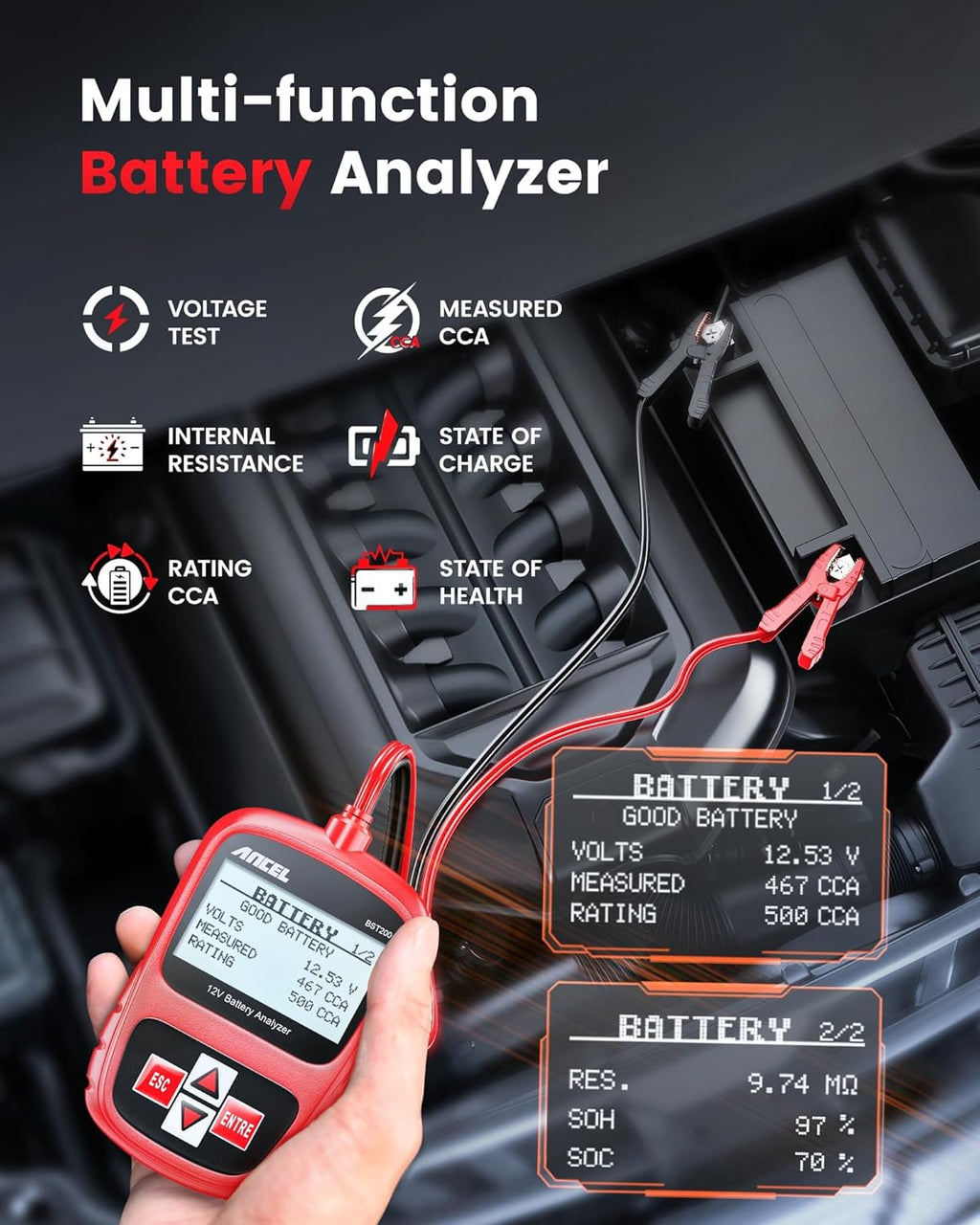 ANCEL BST200 Car Battery Tester 12V Automotive, 100-1100 CCA Battery Load Tester Tool, Auto Battery Analyzer Digital Tester for Car Truck Motorcycle SUV Boat and More