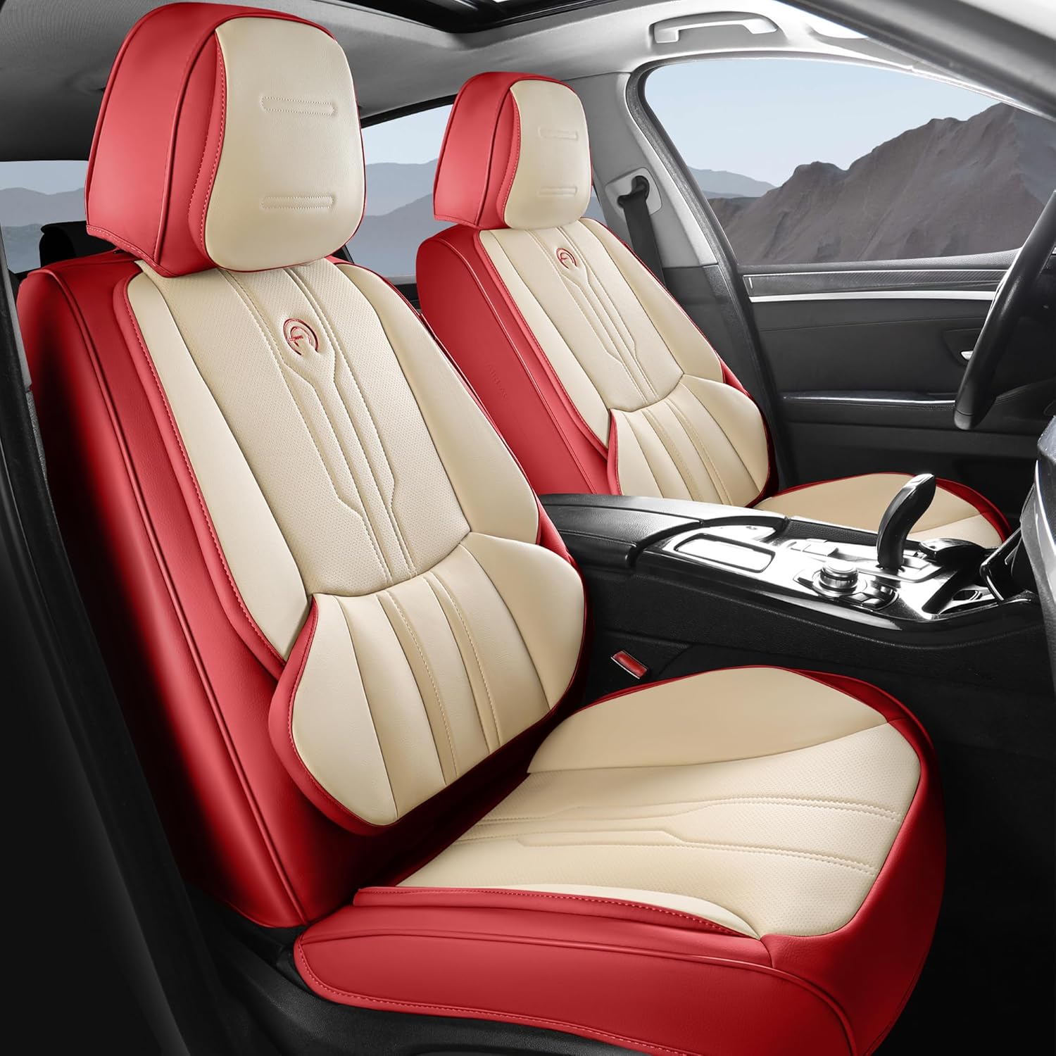 AOOG Car Seat Covers Full Set, Leather Seat Covers for Car, Waterproof Car Seat Protector with Lumbar Support, Automotive Seat Covers Universal Fit for Most Cars SUV Trucks (Full Set, Red)