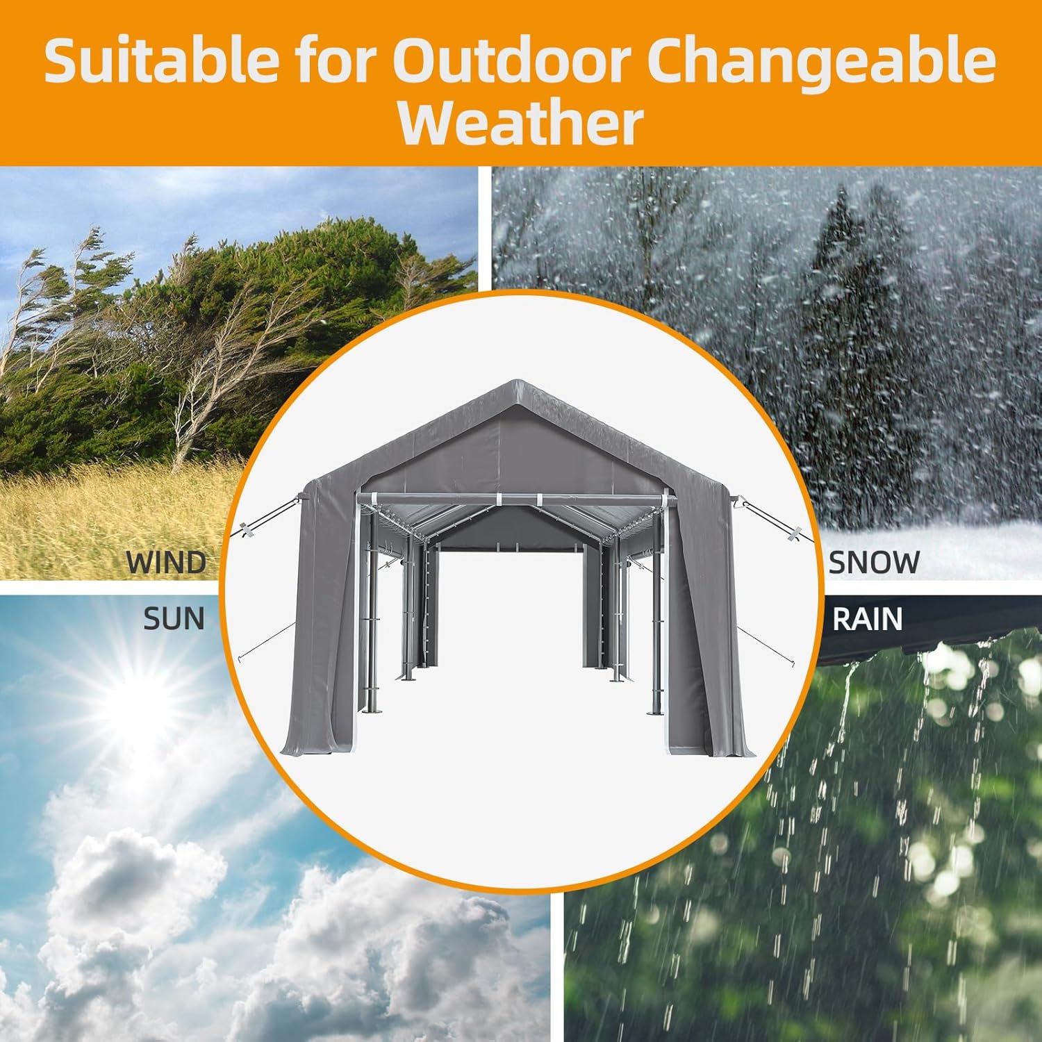 13x20ft Heavy Duty Carport Outdoor Canopy Portable Garage with 4 Doors & 4 Windows Waterproof UV Resistant Storage Shelter with Removable Sidewalls for Car Truck Boat, Gray