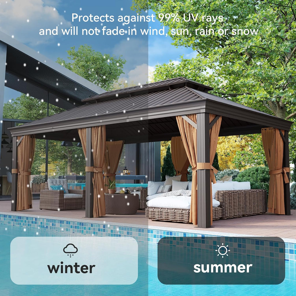 Aoxun 12' X 20' Permanent Hardtop Gazebo Aluminum Gazebo with Galvanized Steel Double Roof for Patio Lawn and Garden, Curtains and Netting Included, Brown
