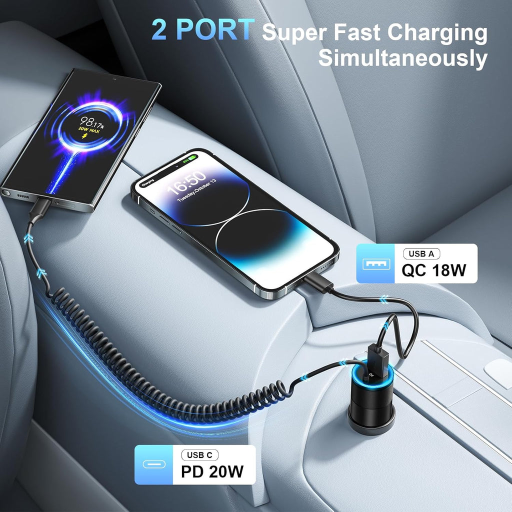 3-Pack USB C Car Charger,38W Fast Charging Car Phone Charger+3.5FT Type C Coiled Cable,PD&QC 3.0 Car Charger Adapter Compatible with iPhone 16/15 Plus/Pro/Max,Galaxy S24 S23 Ultra,iPad,LG