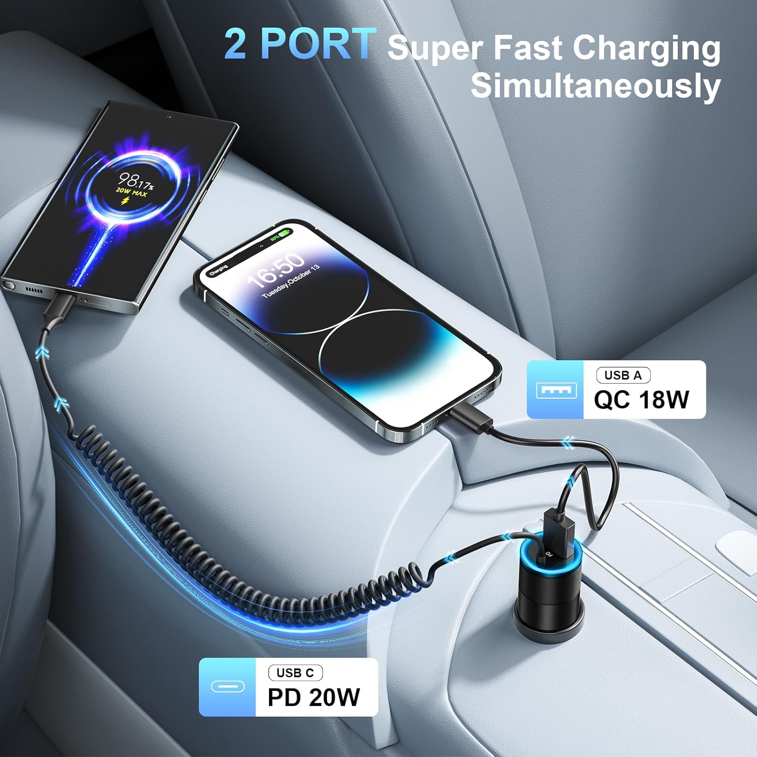 3-Pack USB C Car Charger,38W Fast Charging Car Phone Charger+3.5FT Type C Coiled Cable,PD&QC 3.0 Car Charger Adapter Compatible with iPhone 16/15 Plus/Pro/Max,Galaxy S24 S23 Ultra,iPad,LG