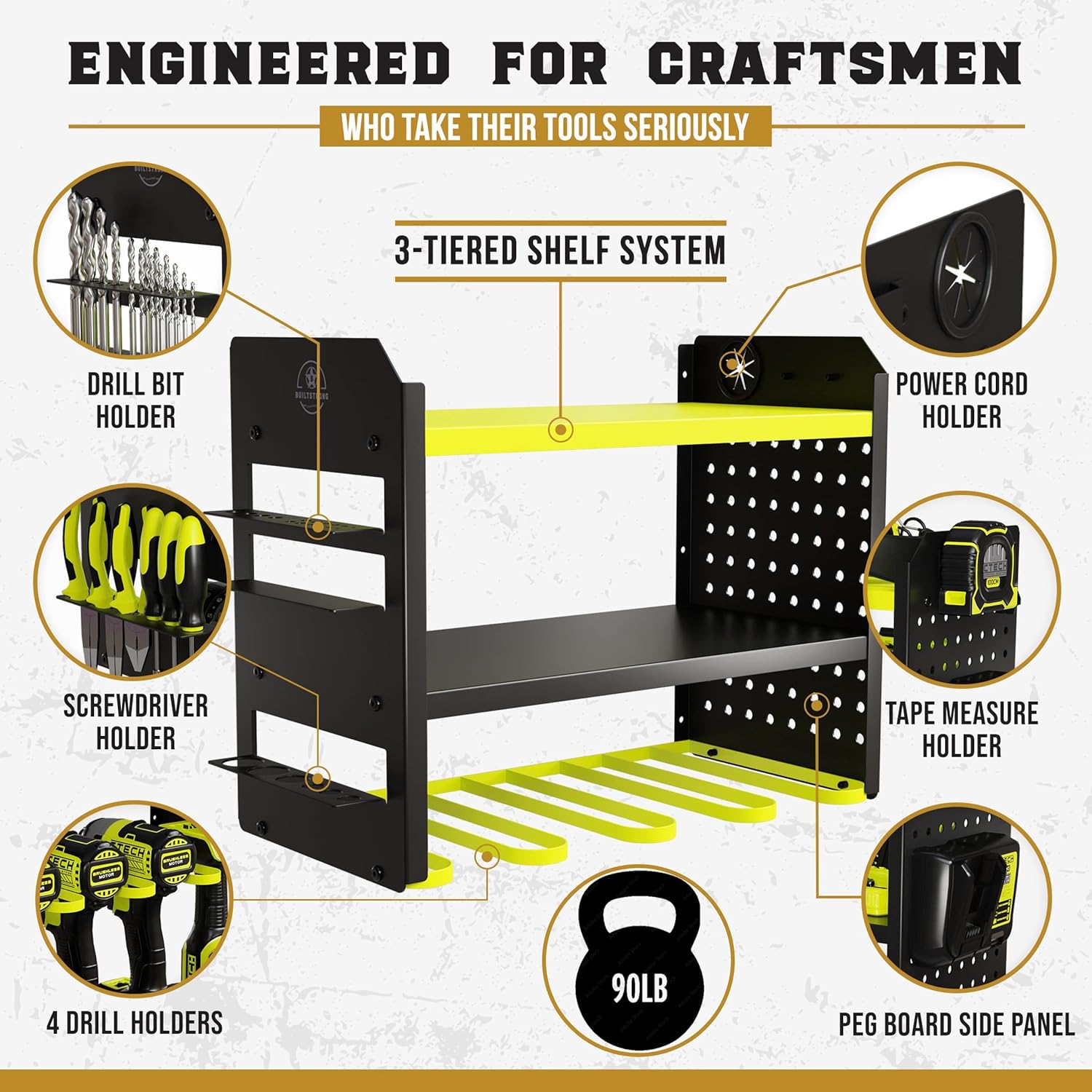Heavy-Duty Metal Tool Storage Rack - 3-Tier Wall Mount Organizer, Drill Holder, Utility Racks, PegBoard Side, Garage Storage (Green)