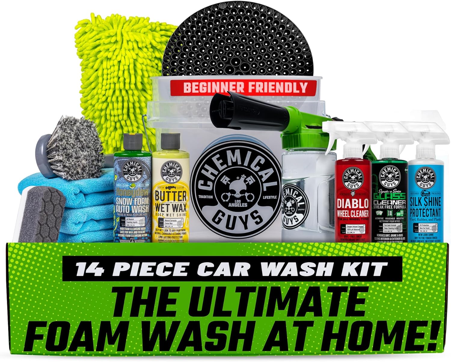 Chemical Guys HOL126 14-Piece Arsenal Builder Car Wash Kit with Foam Gun, Bucket, and (5) 16 oz Car Care Cleaning Chemicals, Gift for Car & Truck Lovers, Dads and DIYers (Works w/Garden Hose)