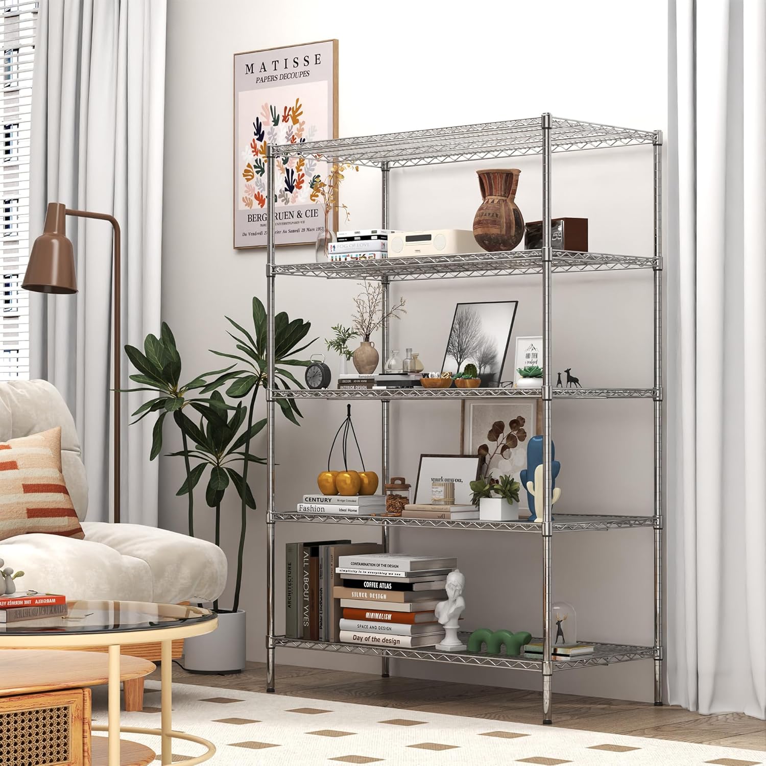 5-Tier Metal Storage Shelving Unit, Adjustable Storage Rack Display Shelves, Industrial Steel Wire Shelf on Wheels, Commercial and Home Use, 48”W x 24”D x 72”H, 1500 LBS Capacity