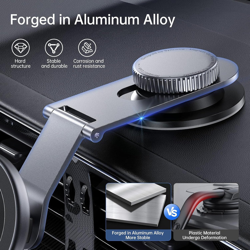 SYNCWIRE Fits MagSafe Car Mount for Universal Dashboard, Tesla Screen, Magnetic Phone Holder for Car, Foldable Aluminum Alloy Arm, Super Stable Car Mount for iPhone 16 Pro Max 15 14 13 12&All Phones