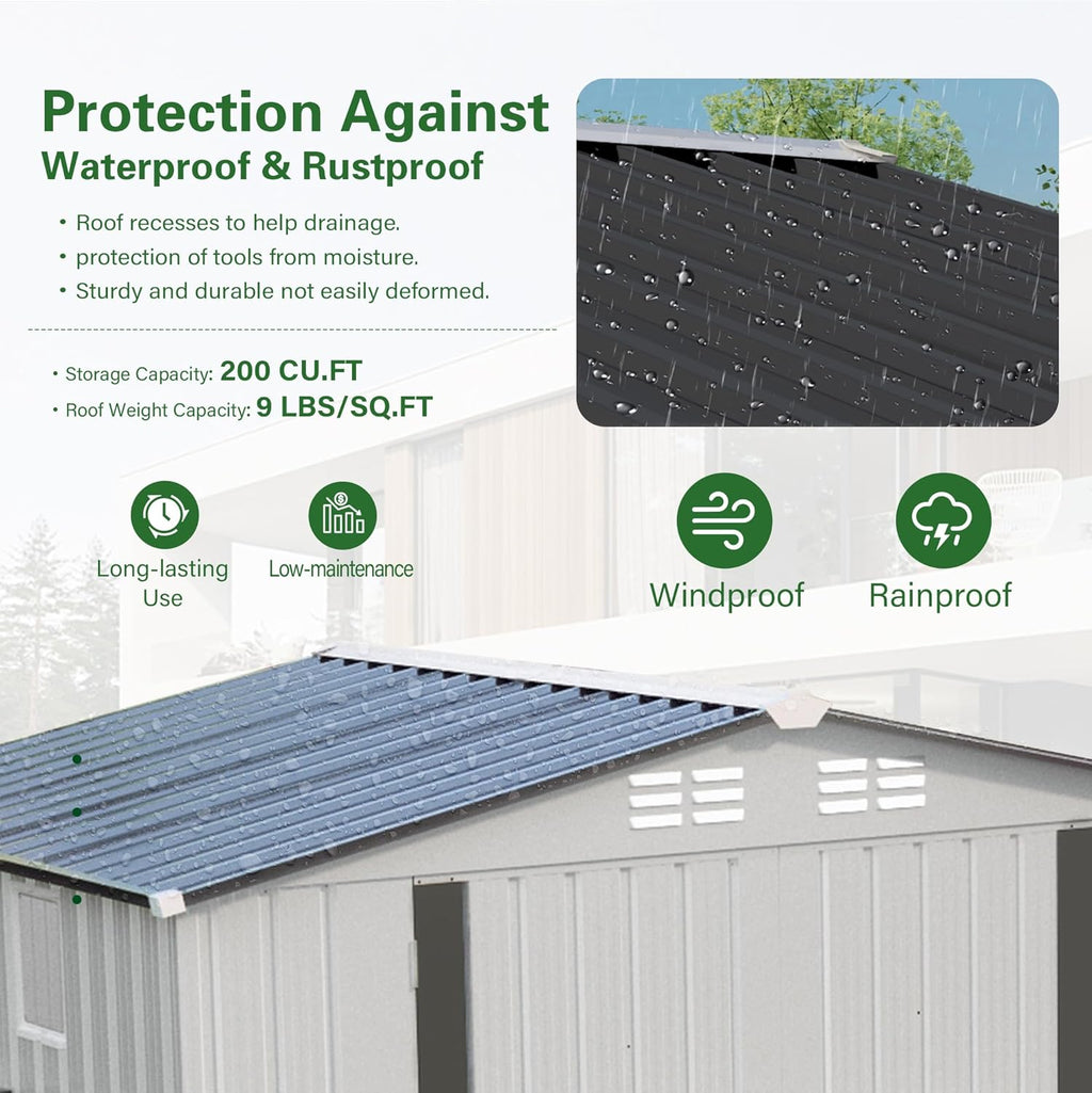 8X6 FT Outdoor Storage Shed with Window, Metal Garden Sheds w/Lockable Door and Vents, Waterproof Steel Tool House for Backyard, Patio, Lawn, Sundries & Utility Storage, White
