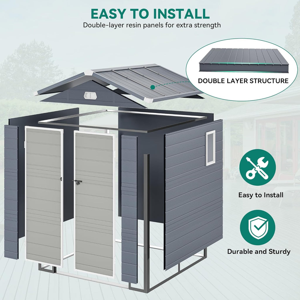 YITAHOME 6x6FT Outdoor Storage Shed w/o Floor, All-Weather Plastic Shed with Lockable Doors, Window & Vents, Plastic Tool Shed for Backyard, Patio, Poolside, Lawn, Gray