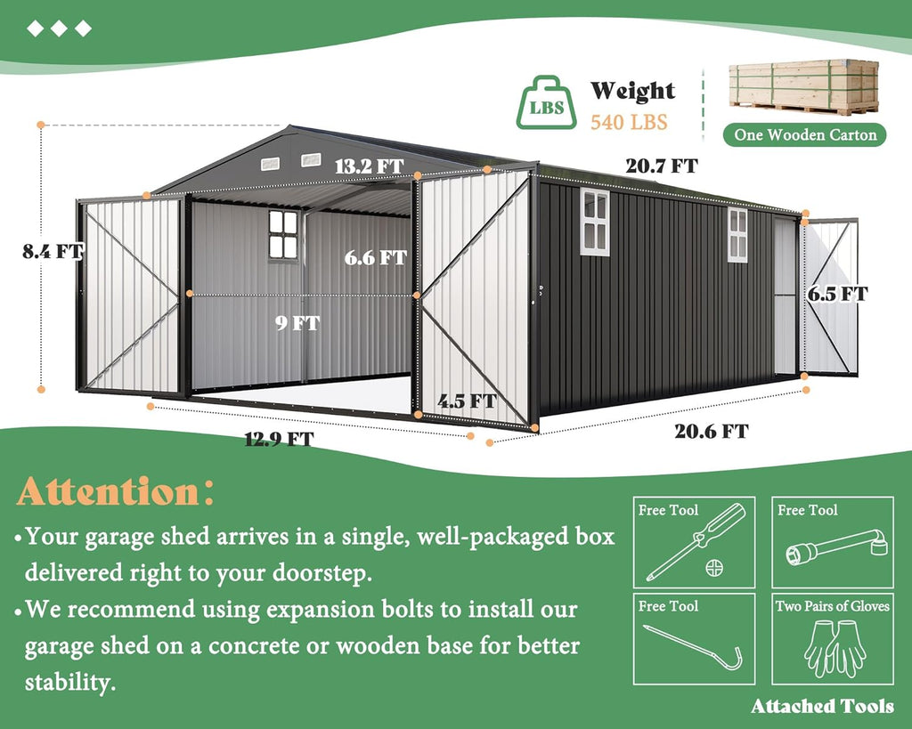 AMERLIFE 13.2x21x8.4 FT Outdoor Metal Garage Shed, Extra Large Storage Shed with Double Hinged Doors, 4 Windows, Carport for Car, Truck, Bicycle and Lawn Equipment, Dark Grey