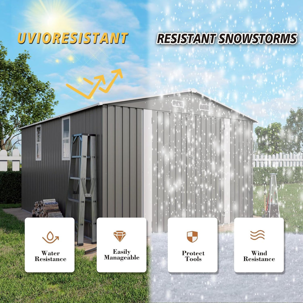 10x12x6.7FT Outdoor Storage Shed, Galvanized Steel Garden Shed with Lockable Door & Window, Waterproof Metal Tool Storage for Garden, Backyard, Patio, Lawn(Grey)