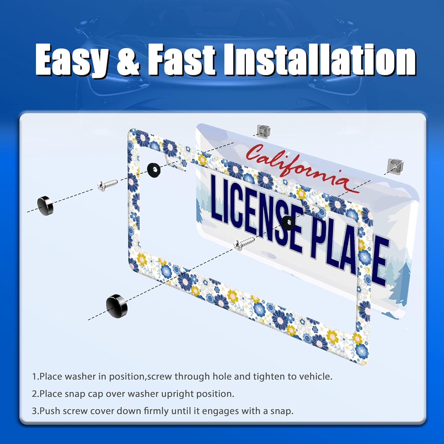 White Blue Hippie Flowers License Plate Frame Colorful Floral License Plate Holder Funny Car Accessory Decoration 12.3"x6.3" for Women