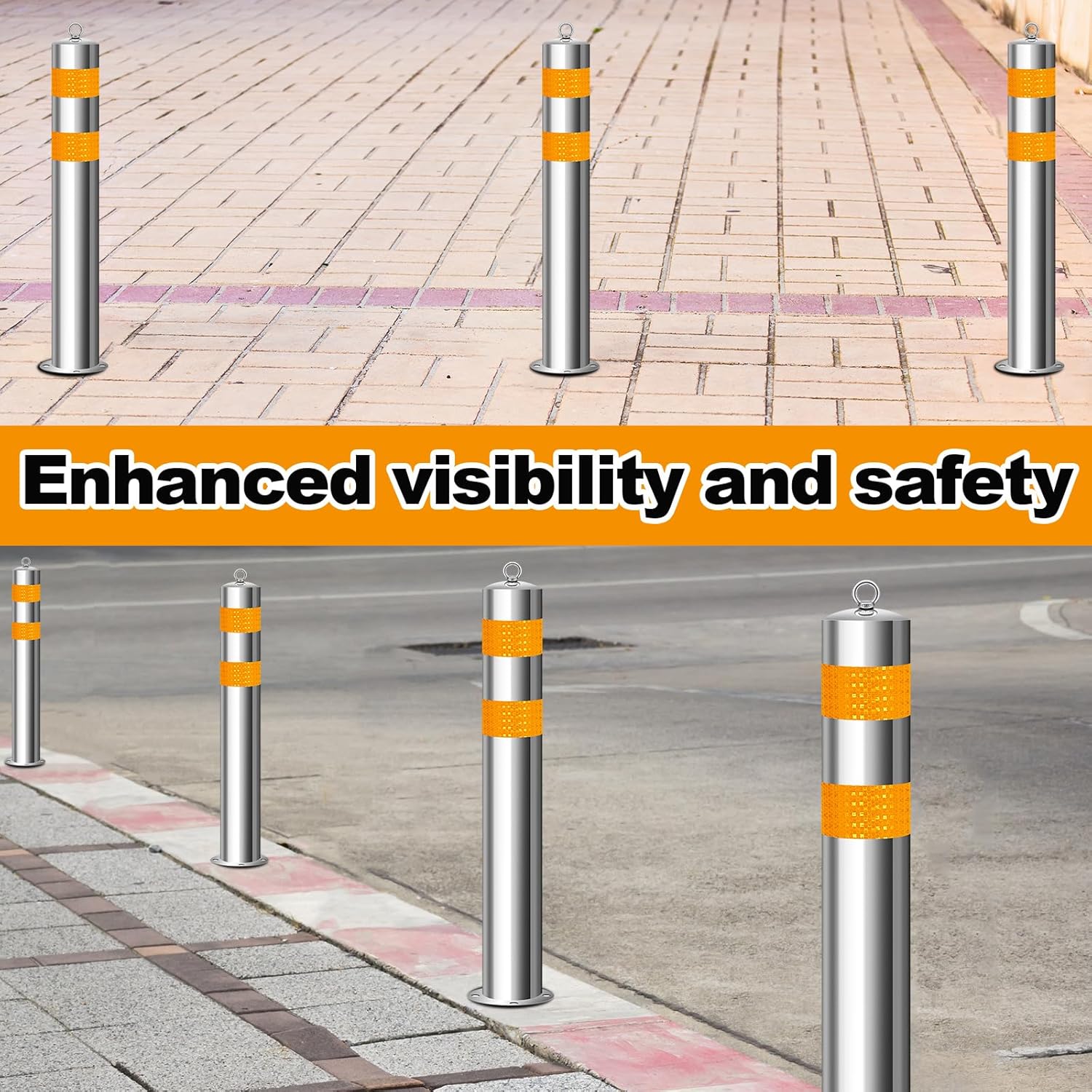 31.5 Inch Stainless Steel Bollard Post with Anchor Bolts Parking Barrier Block Safety Bollard Covers with Reflective Strips and Hanging Ring for Parking Lots Driveways Garage Pathways(4 Pcs)