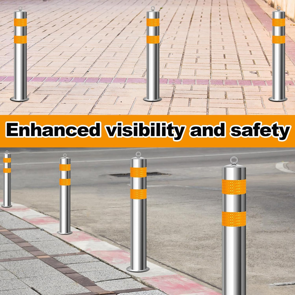 31.5 Inch Stainless Steel Bollard Post with Anchor Bolts Parking Barrier Block Safety Bollard Covers with Reflective Strips and Hanging Ring for Parking Lots Driveways Garage Pathways(2 Pcs)