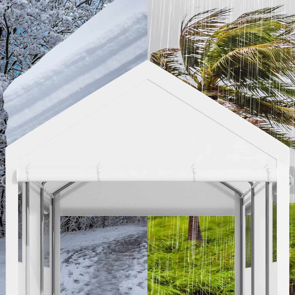 Walsunny Carport, 12x20ft Heavy Duty Carport Canopy with Roll-up Windows, Portable Garage with Removable Sidewalls & Doors, Car Canopy with All-Season Tarp for Car, Truck, Boat