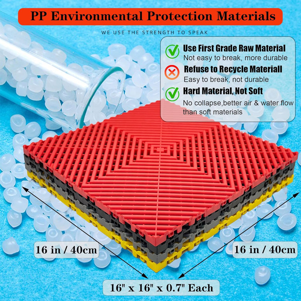 24 Pack 16"x16" Interlocking Garage Floor Tiles - Drainage Mats, Non-Slip, Heavy-Duty, Easy Install for Garage, Car Wash, Basement(Red)