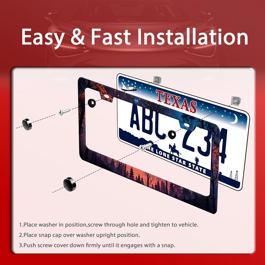 Night Starry Forest License Plate Frame Beautiful Night License Plate Holder Funny Stainless Steel Accessories Cars Decor with 2 Holes and Screws Fits Standard Us Ca Vehicles 12.2 X 6 Inch