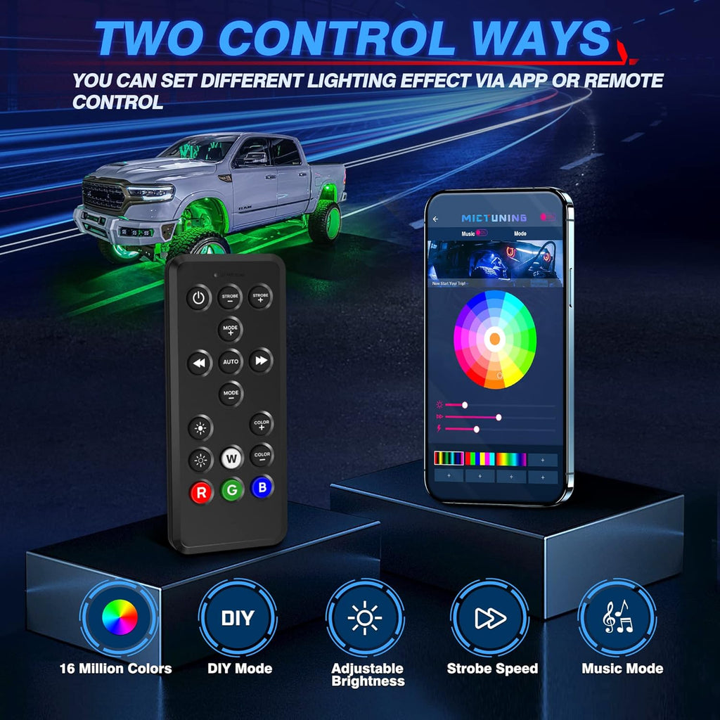 MICTUNING Q1 RGBW Rock Lights, 16 Pods Pure Color Underglow Neon Multicolor Lighting with Wiring Switch Kit, Bluetooth Controller, Remote Control, Music Mode for Trucks Car ATV UTV Golf Cart