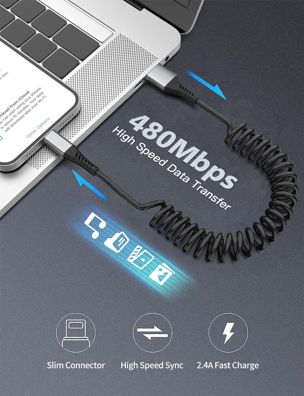Coiled Lightning Cable for Car, 2Pack Retractable iPhone Charger Cable Fast Charging, [MFi Certified] Short Apple CarPlay USB to Lightning Cord for iPhone 14 13 12 11 Pro Max Mini XR XS 8 SE iPad