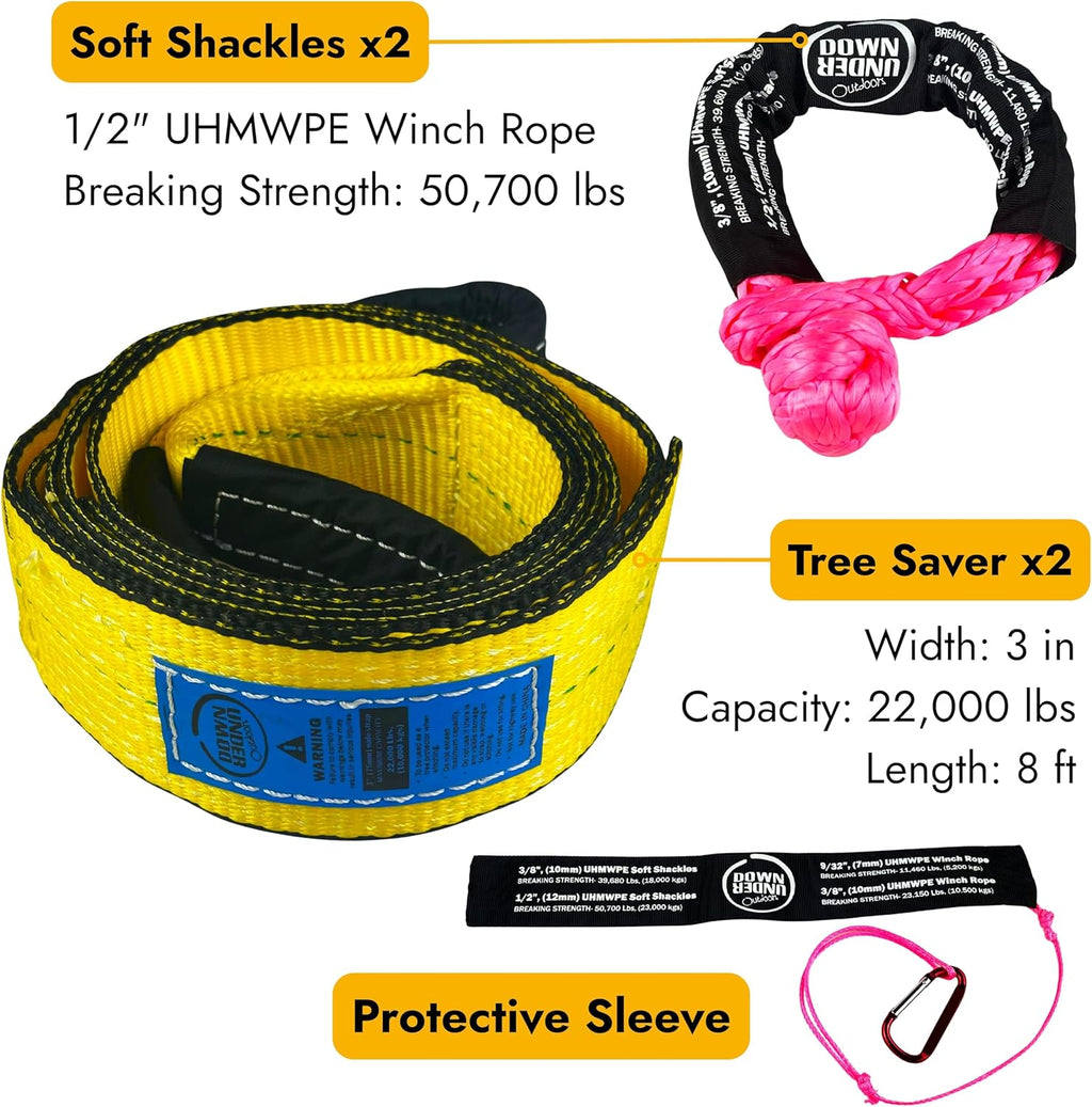 DOWN UNDER OUTDOORS Heavy Duty Game/Log/4x4 Recovery Kit, Deer Drag, 550 ft of 3/8” (23,150 lbs) Winch Rope on Metal Reel, 2 Tree Savers, 2 Soft Shackles, 2 Snatch Rings, 2 Figure 8 Rings, Gear Bag