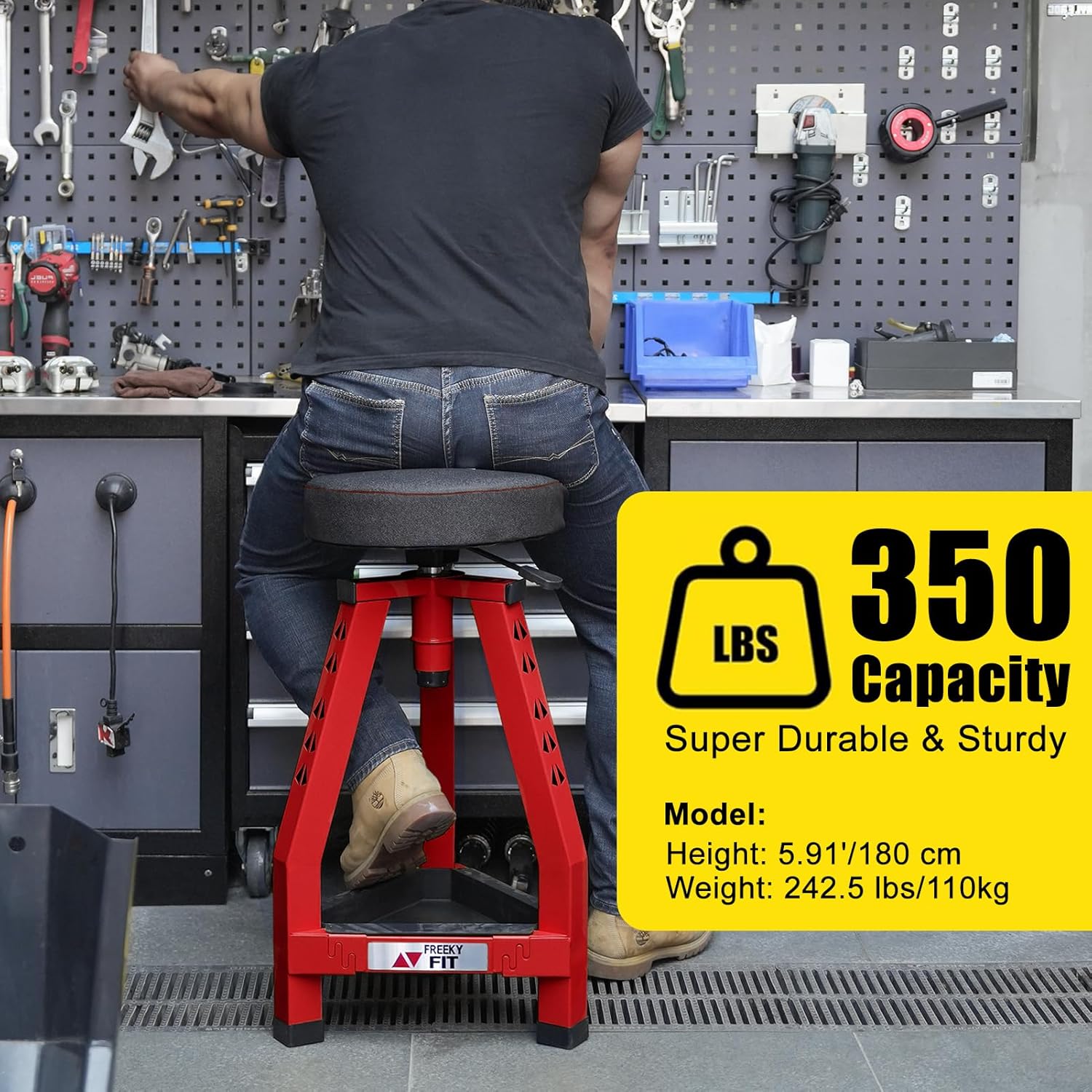 Adjustable Tall Shop Stool, Mechanic Garage Bar Stool Chair, Work Metal Chair for Workshop,360° Swivel Padded Seat, Tool Tray Storage, 350 LBS Capacity, Heavy Duty, Red