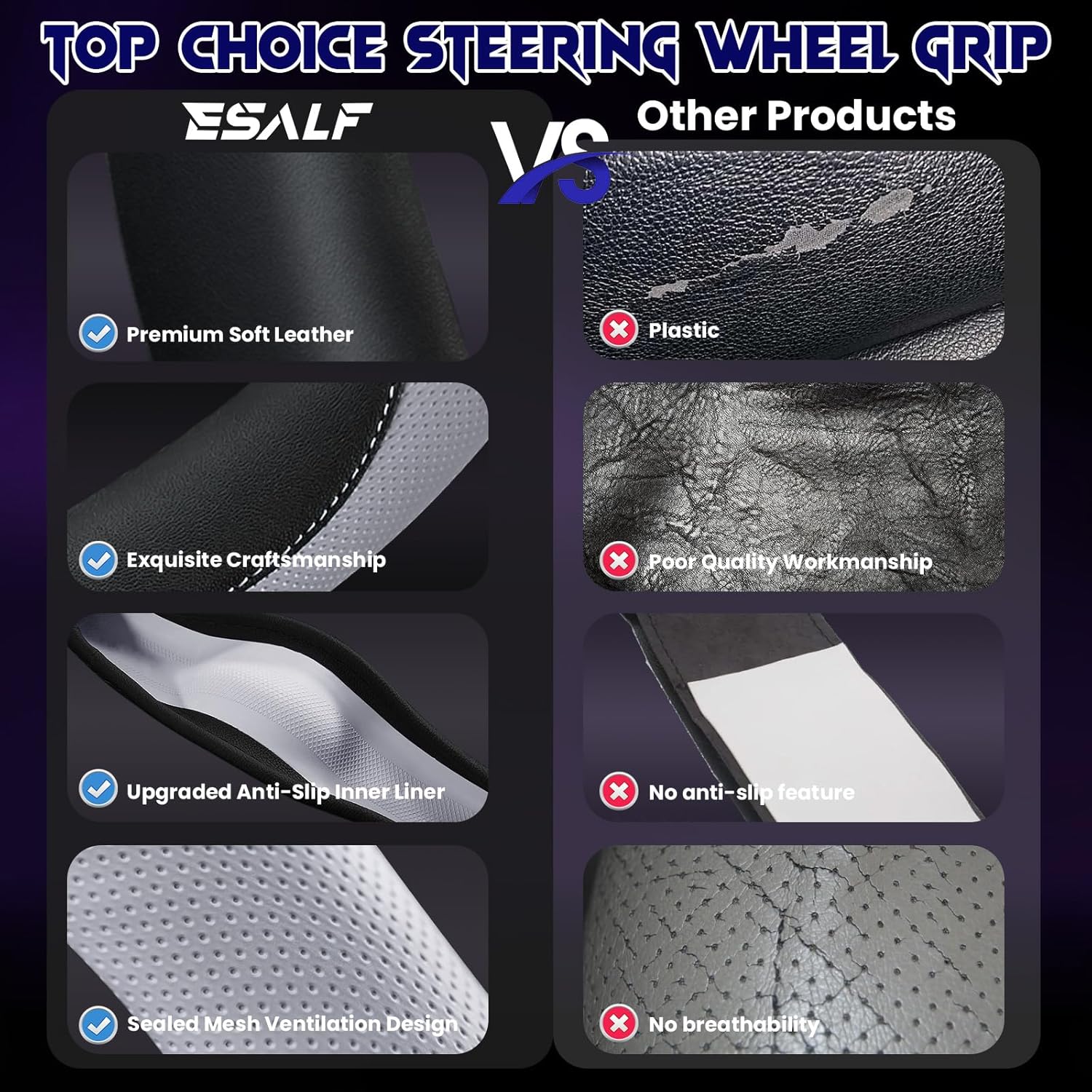 Soft Leather Steering Wheel Cover with Breathable Design and Anti-Slip Grip, Fully Compatible with Tesla, Toyota, Honda, Nissan 14.2-14.96 inch Round Steering Wheel（Sedans and SUVs）