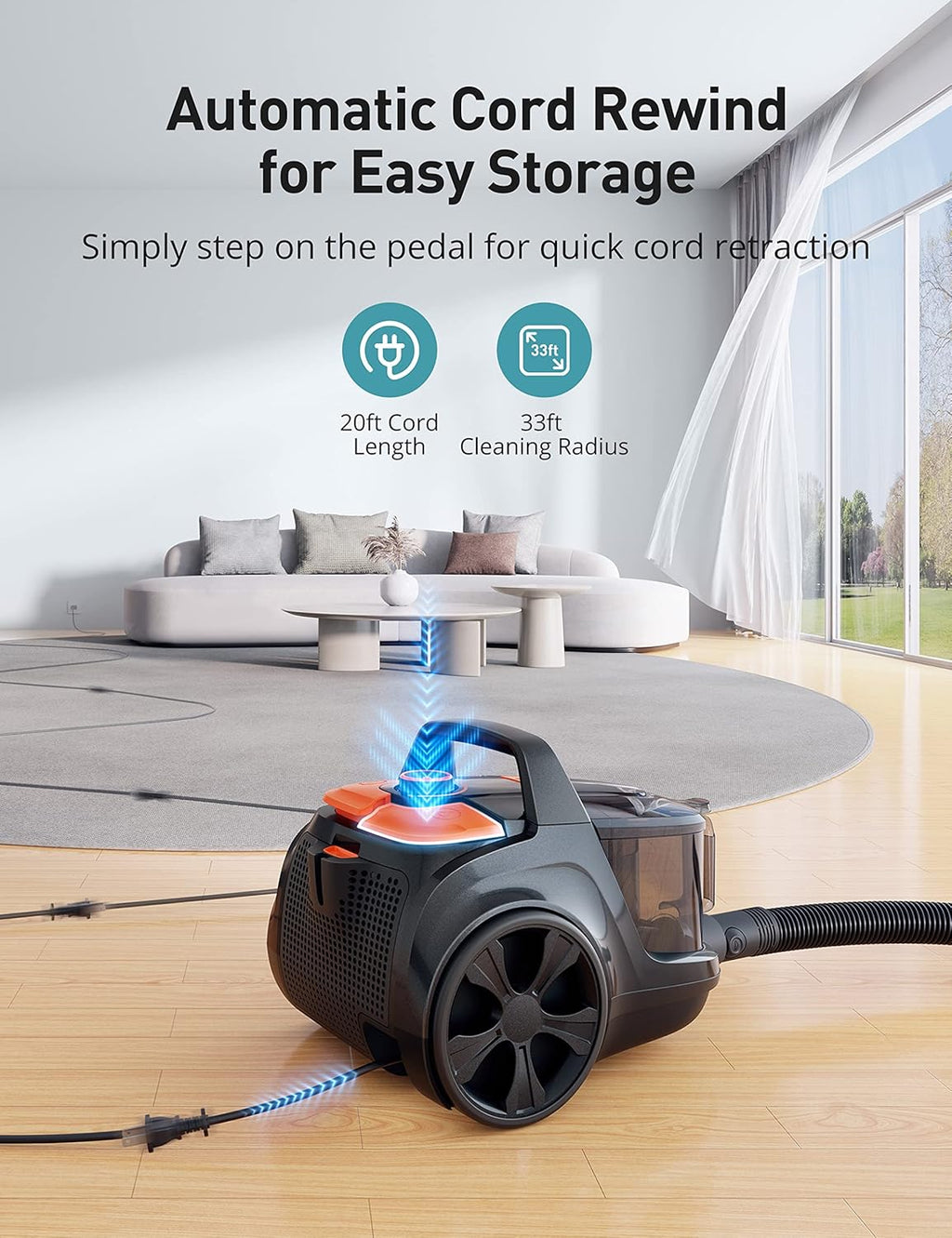 Aspiron Canister Vacuum, Upgraded 1600W Bagless Canister Vacuum Cleaner, Auto Cord Rewind, H13 HEPA Filter, 3.7Qt Large Capacity, 5 Tools for Hard Floors, Carpet, Pet, Upholstery, Tiles, Car, Orange