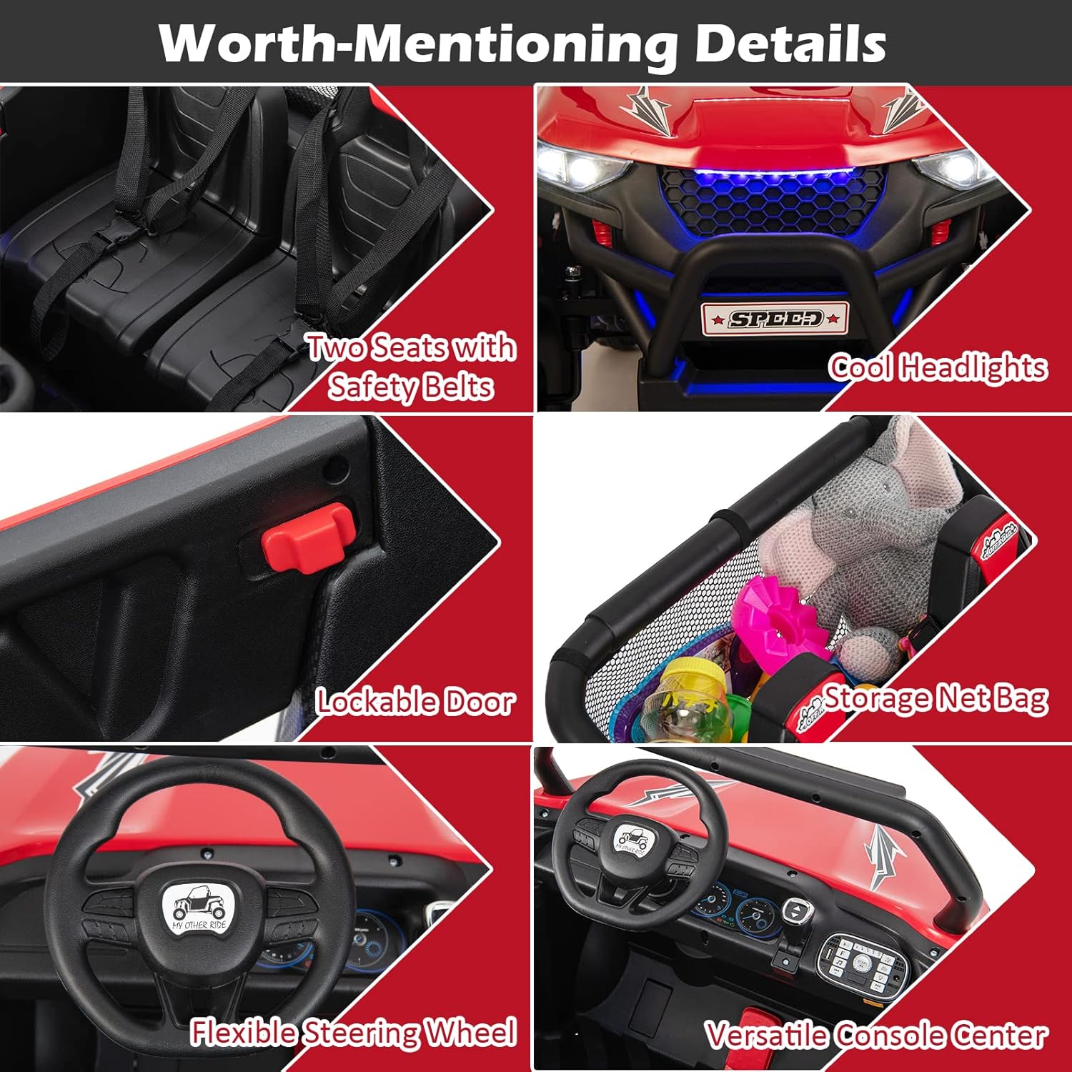 Costzon 2-Seater Ride on Car for Kids, 12V Kids' Electric Vehicles w/Remote Control, 4 Shock Absorbers, Wireless Music & FM, 3 Speeds, Ambiance Lights, Electric Car UTV for Boys Girls (Red)