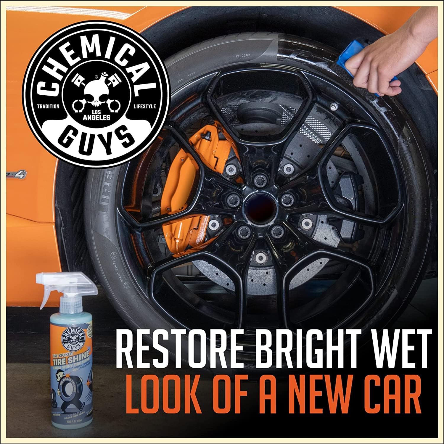Chemical Guys Tire Kicker Sprayable Extra Glossy Tire Shine With Applicators (Works on Rubber, Vinyl & Plastic) Safe for Cars, Trucks, Motorcycles, RVs & More, 16 fl oz