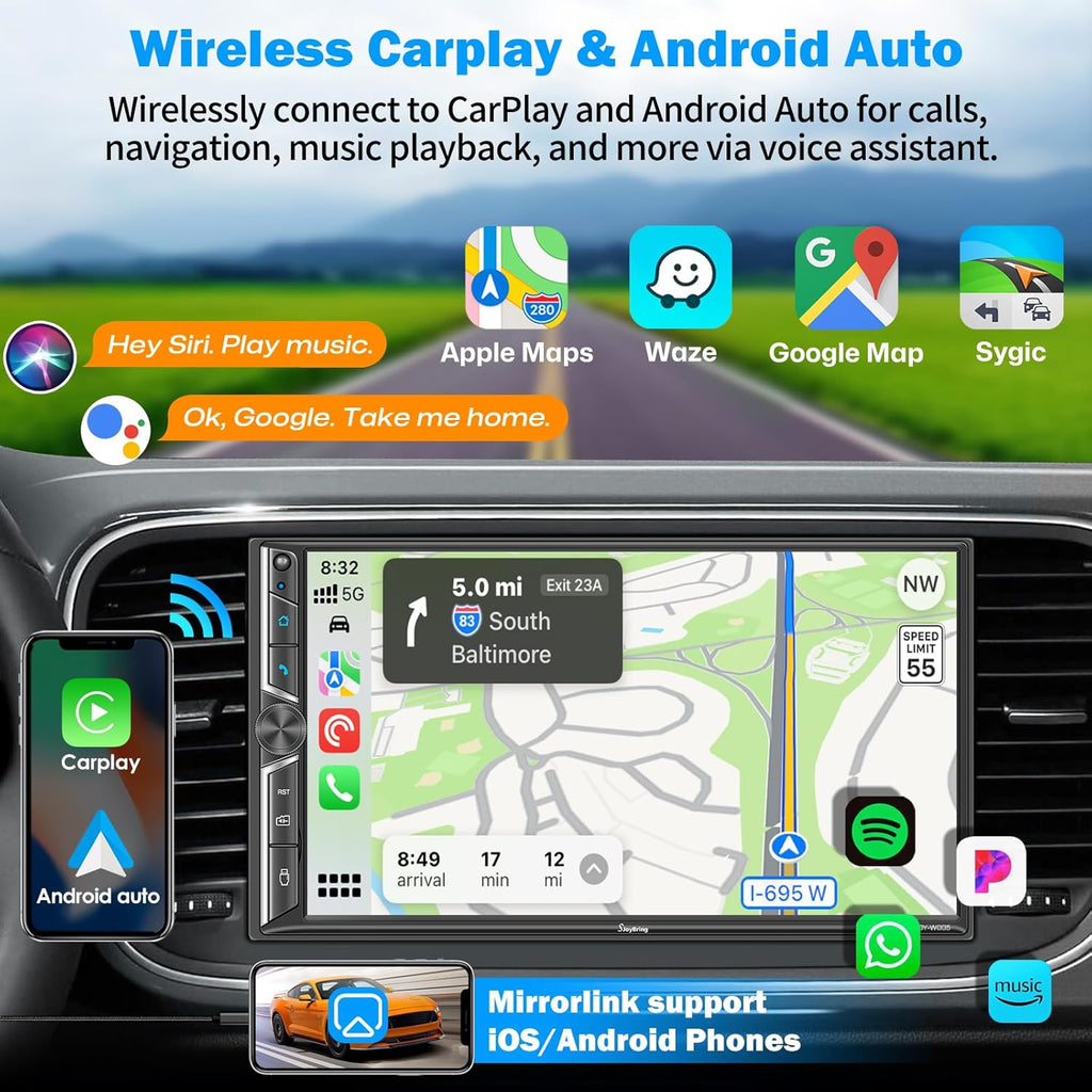 [Upgrade Wireless] 7" Double Din Car Radio with Wireless Apple CarPlay and Android Auto, Bluetooth 5.3 Car Play, 240W 4.2-Channel Audio Output, Mirror Link, Backup Camera, AM/FM Car Stereo