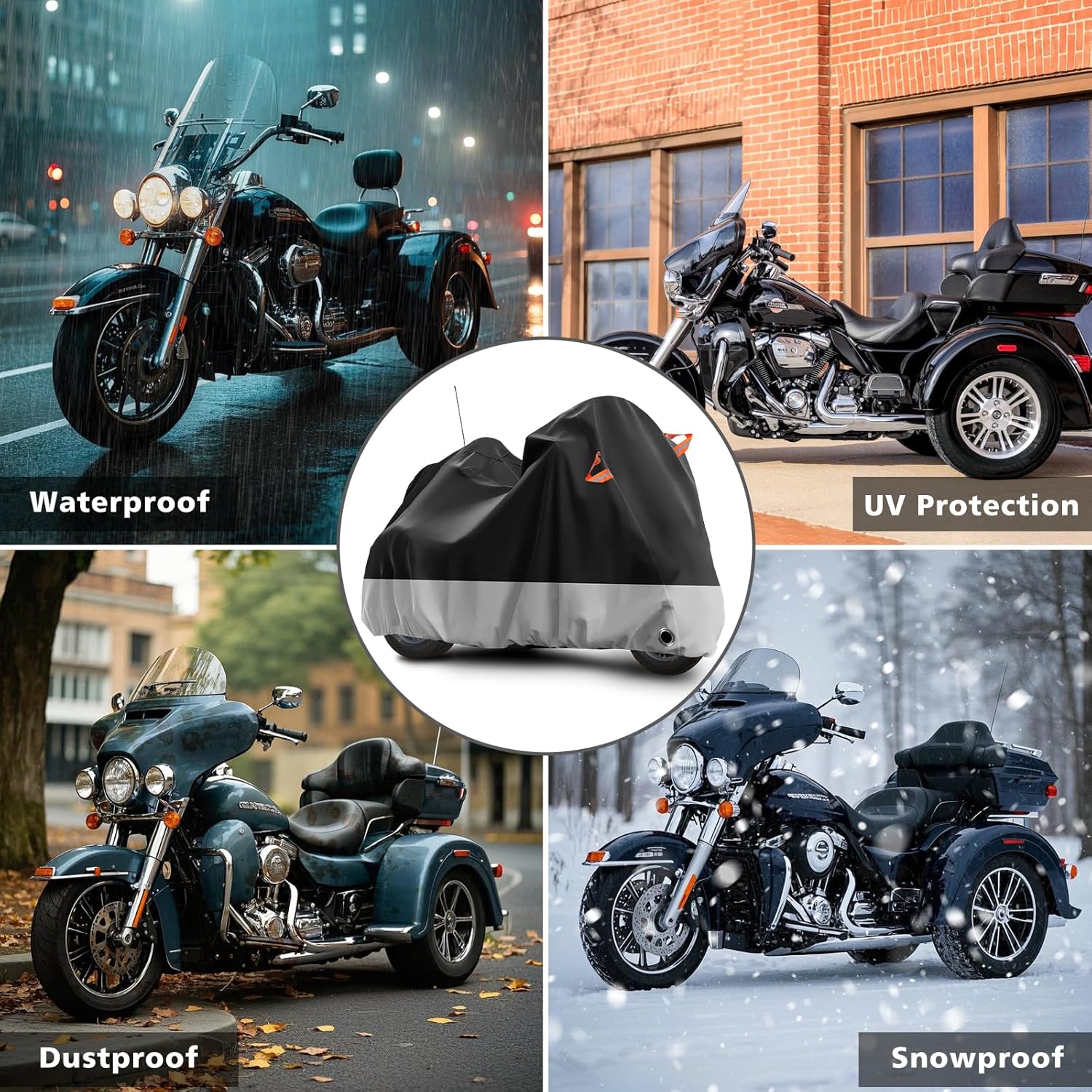 Trike Motorcycle Cover, Outdoor Waterproof Vehicle Cover with Windproof Buckle Reflective Strip for Harley Davidson, Honda Gold Wing, Kawasaki 3 Wheel Motorcycle Accessories (Black&Grey)