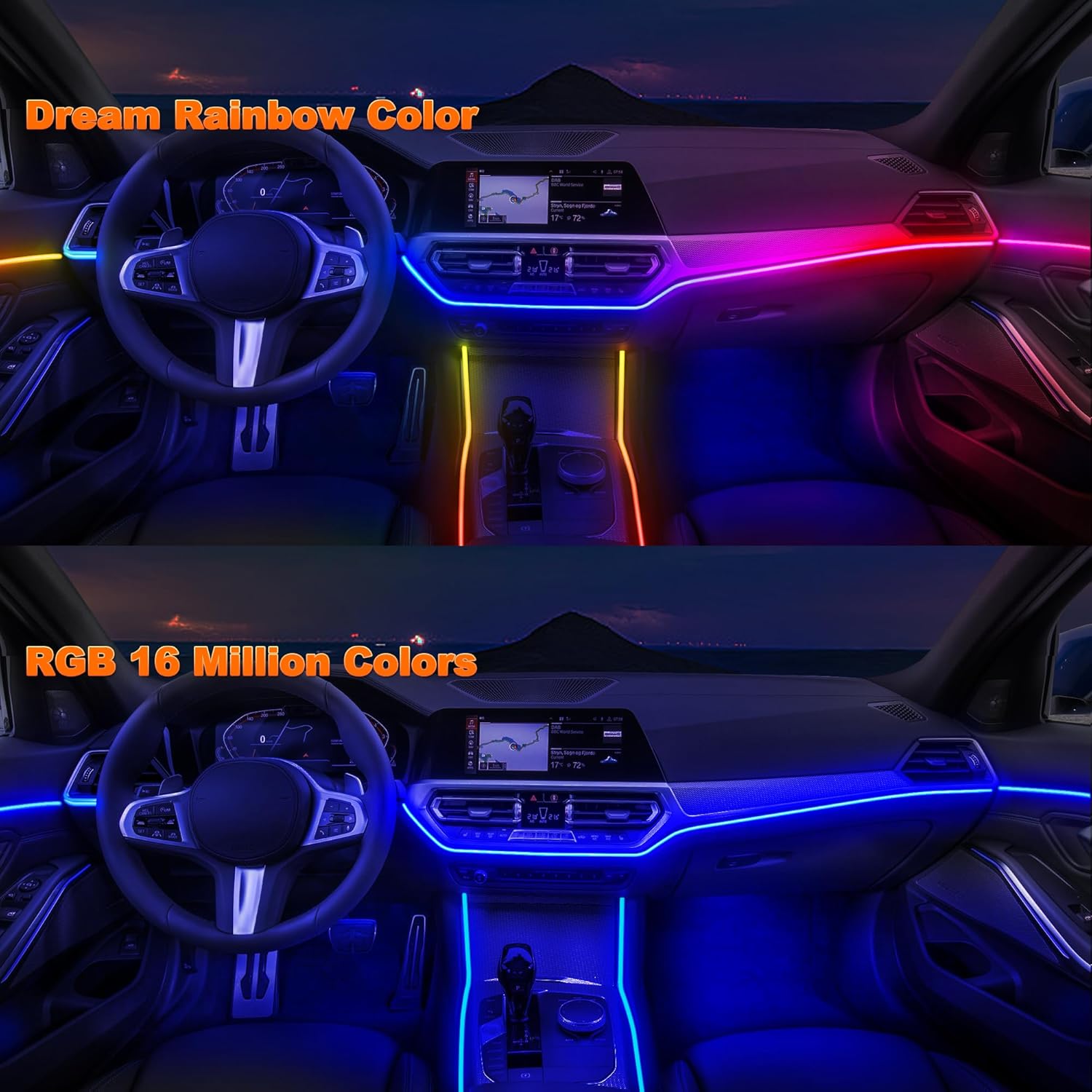 Acrylic LED Lights - Interior Car Ambient Lighting Kits with Dynamic Rainbow Dream Color Chasing, Music Sync (6 in 1(4 * 29.5+43.3+14.5 inches))