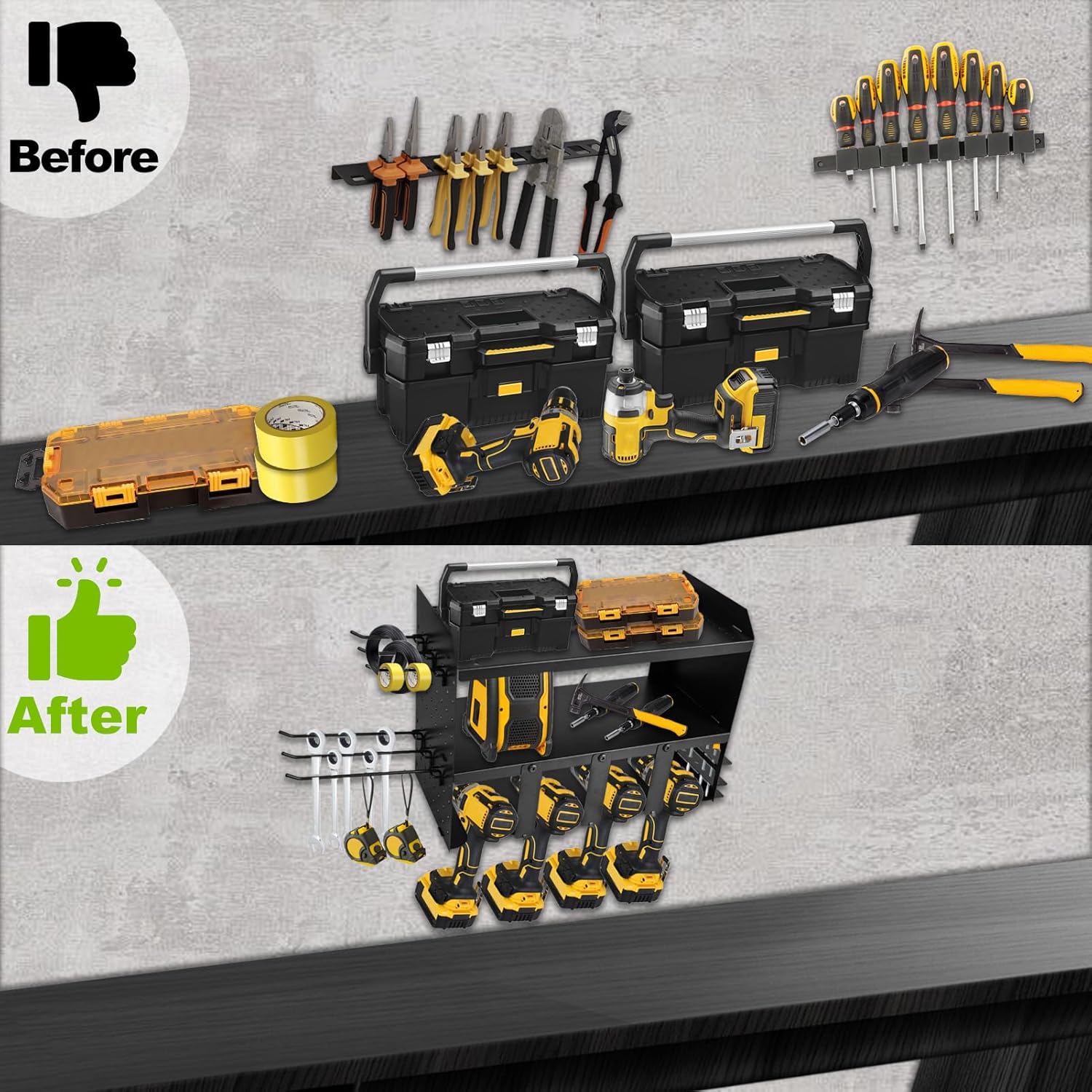 Heavy-Duty Power Tool Organizer Wall Mount, 3-Tier Drill Storage Rack with Dual Side Pegboards and 4 Hooks, Perfect for Garage, Workshop, Tool Room - Ideal Gift for Men, Black