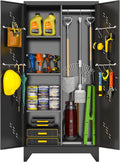 Metal Garage Storage Cabinet, Kitchen Pantry with Doors and Shelves, Broom Organizer Storage Tool Racks,Cleaning Cabinet with Stainless Steel Leak (H71* D16.53*L31.5in)
