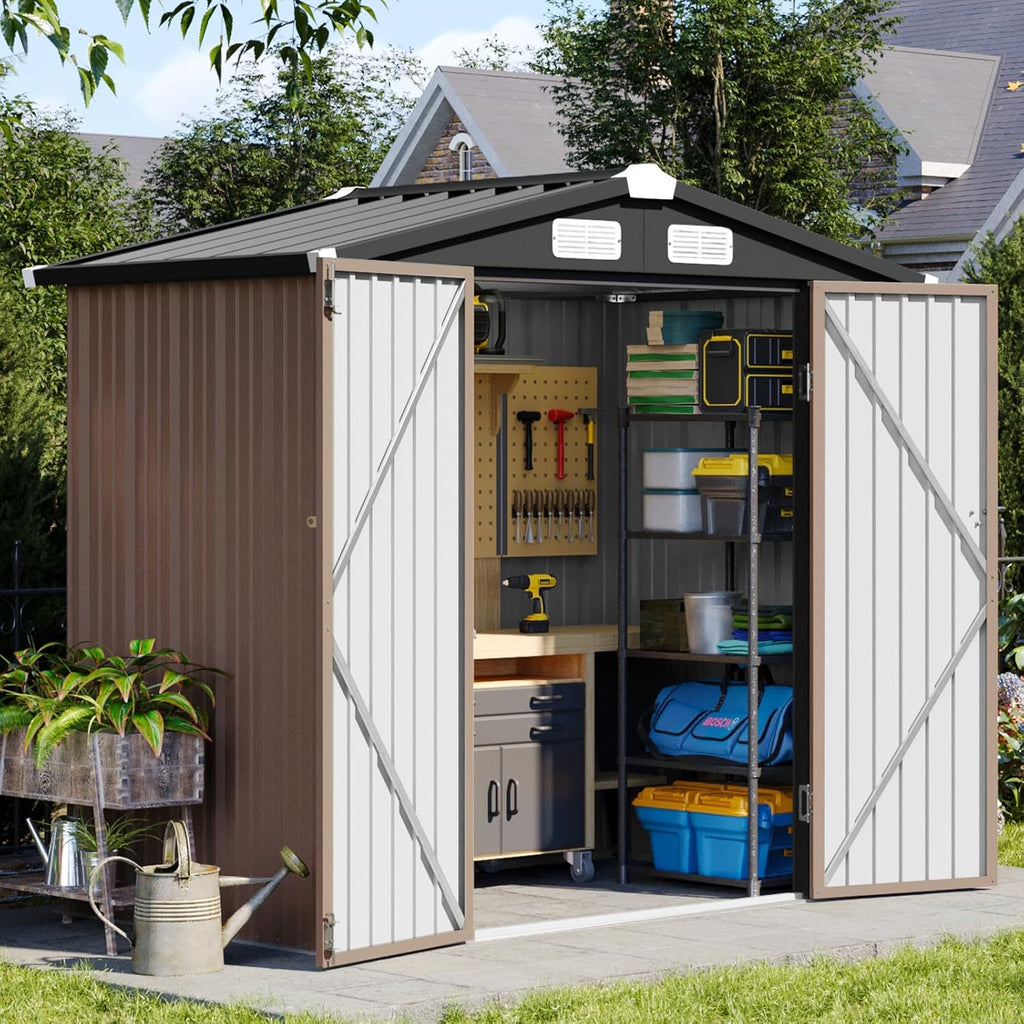 Aoxun 6x3.9 FT Shed Metal Outdoor Storage Shed Garden Shed with Lockable Doors Tool Shed Bike Shed for Backyard, Patio, Poolside (Brown)