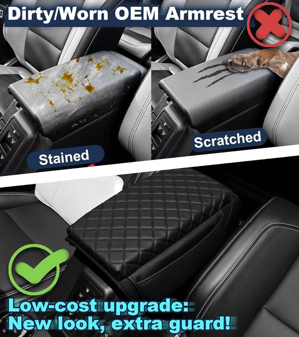 Armrest Cover for Ford Bronco 2021-2025 Center Console Pad with Organizer Storage Pockets, Black Faux Leather Arm Rest Lid Protector Cushion Interior Accessories 2/4 Door (for Bronco)