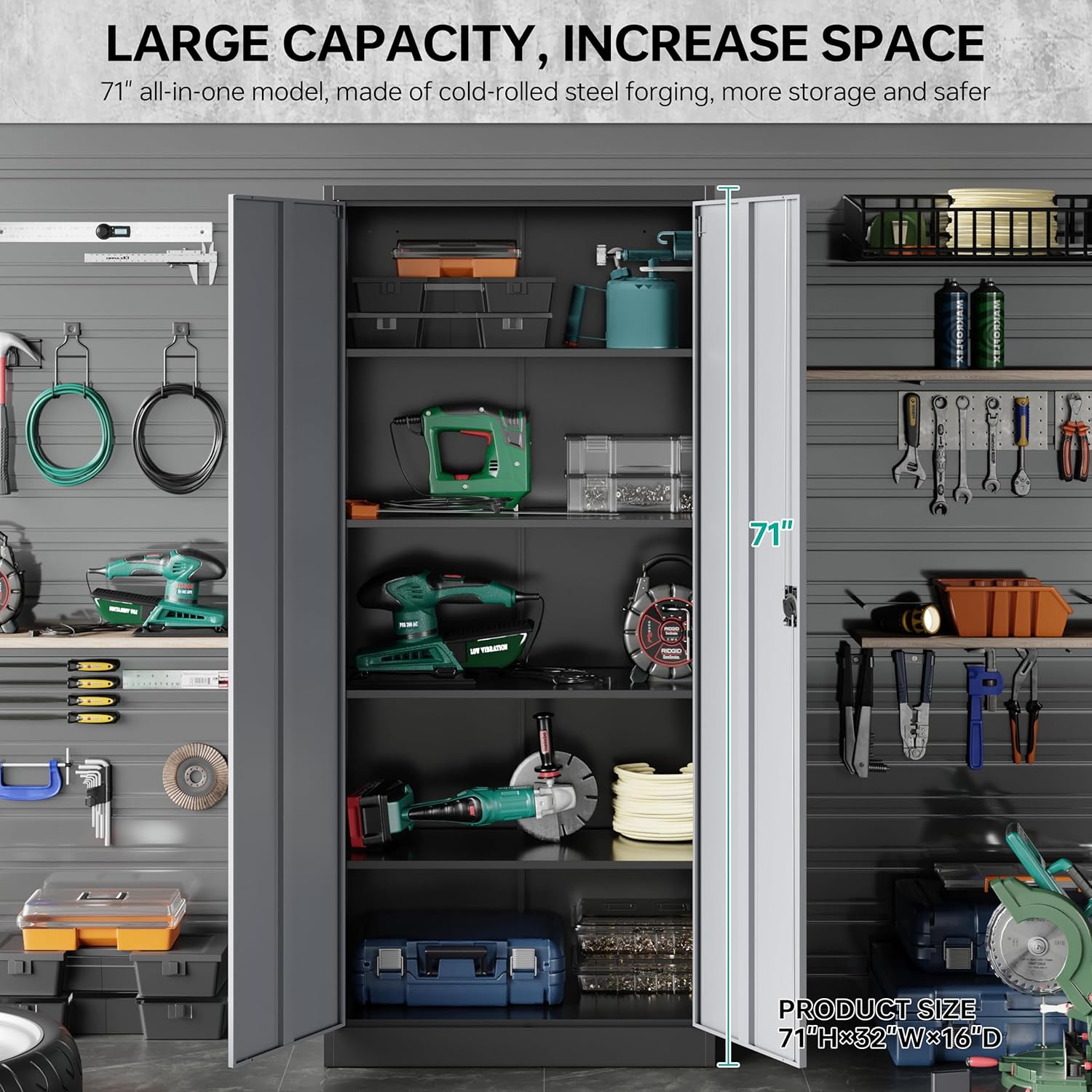 SISESOL Metal Storage Cabinet with 2 Doors and 6 Shelves,Gray Metal Cabinet with Lock,71" Lockable Garage Storage Cabinets,Locking Steel Cabinets for Home,Office,Garage,School