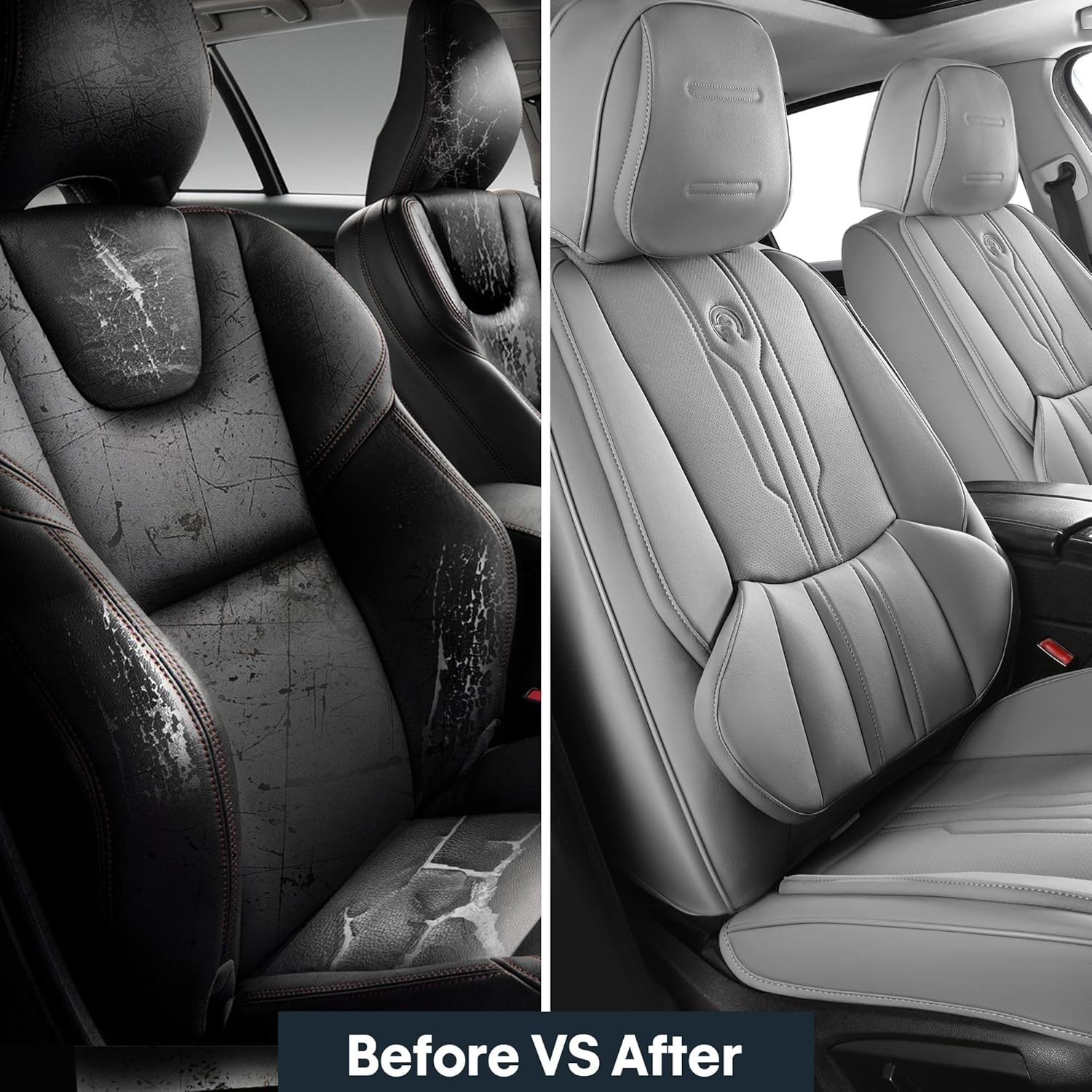 AOOG Front Seat Covers, Car Seat Covers Front Seats, Leather Seat Covers for Cars, Waterproof Seat Covers with Lumbar Support Universal Fit for Most Cars SUV Trucks(Front Pair, Grey)