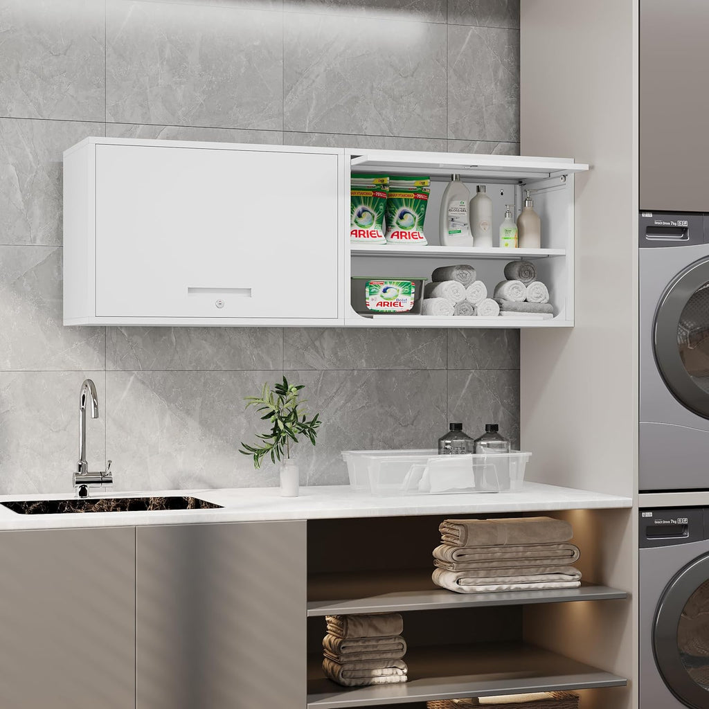 Metal Storage Cabinet White Wall Cabinets with Shelf and Locking Door - Wall Mounted Storage Cabinet for Garage Warehouse Home Office - Assembly Required