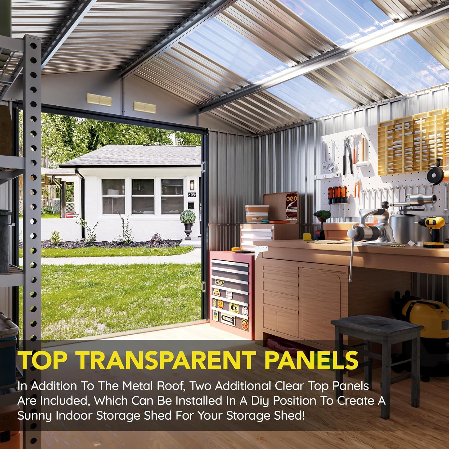 10x12 FT Outdoor Metal Storage Shed, Double Swing Doors, 2 Clear Windows, Replaceable Skylight Roof Panel, Tool Shed for Garden, Patio, Backyard