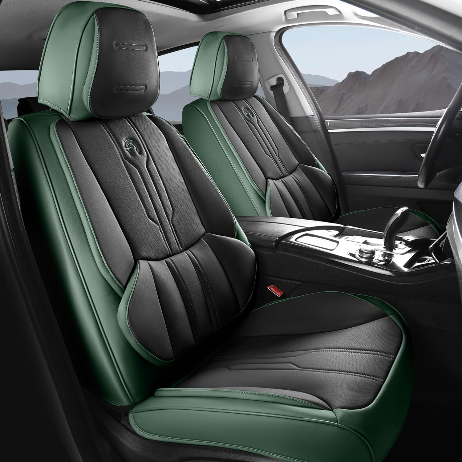AOOG Car Seat Covers Full Set, Leather Seat Covers for Car, Waterproof Car Seat Protector with Lumbar Support, Automotive Seat Covers Universal Fit for Most Cars SUV Trucks (Full Set, Green&Black)
