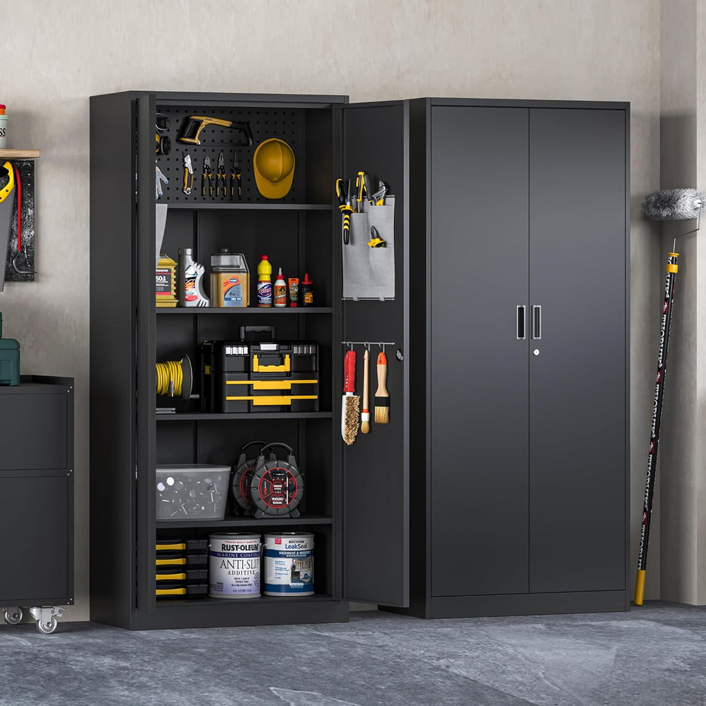 Washemba 71" Metal Garage Storage Cabinet, 2 Locked Doors and 5 Adjustable Shelves, can be Used for Storing Tools, consumables, Books, etc., for Office, Home, Garage, Gym, School (Black)