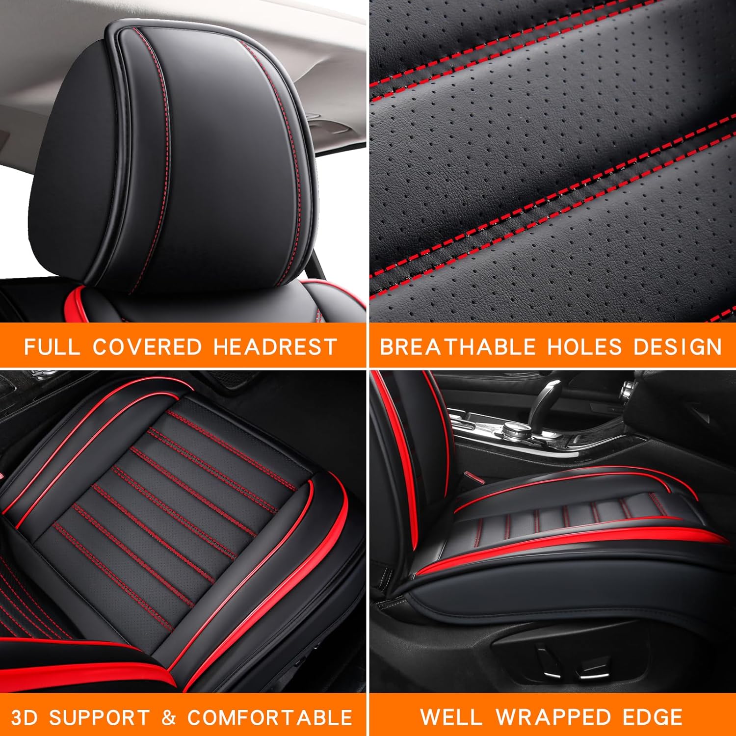 Car Seat Covers Full Set, Universal Faux Leather Car Seat Covers, Waterproof Breathable Automotive Seat Covers for Most Sedans SUV Trucks, Wine Red